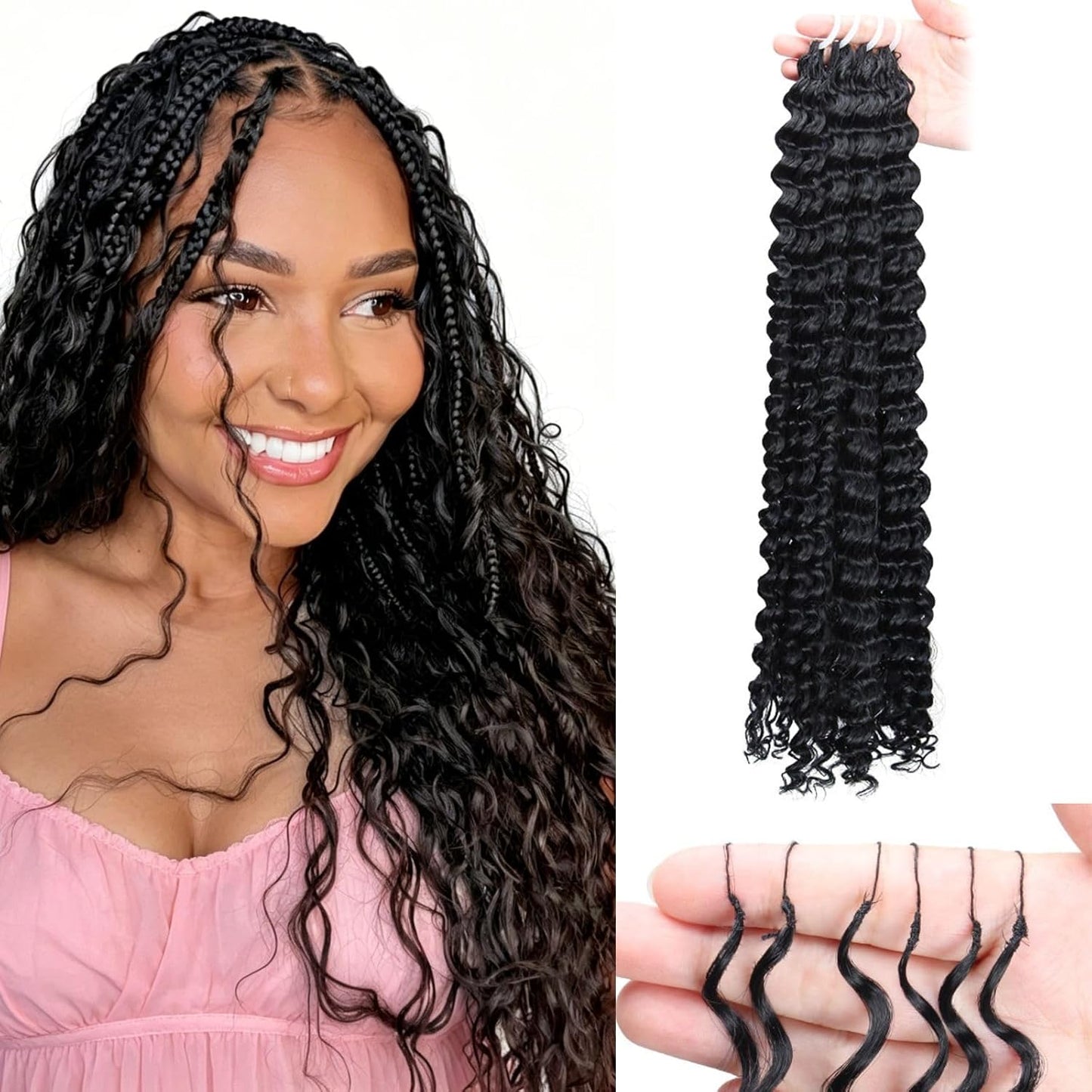 Miracle Knots Crochet Hair - 18 Inch Deep Wave Feather Bundles | Pre-Separated Curly Hair for Women (Natural Black)