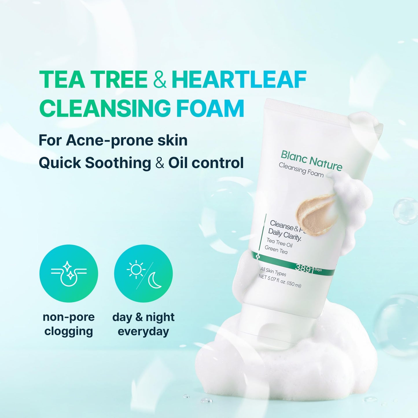 BLANC NATURE Cleansing Foam, Tea Tree Pore Deep Facial Cleanser for Oily & Sensitive Skin, Centella Asiatica, Green Tea, Korean Skincare, 5.07 fl oz (150 ml)