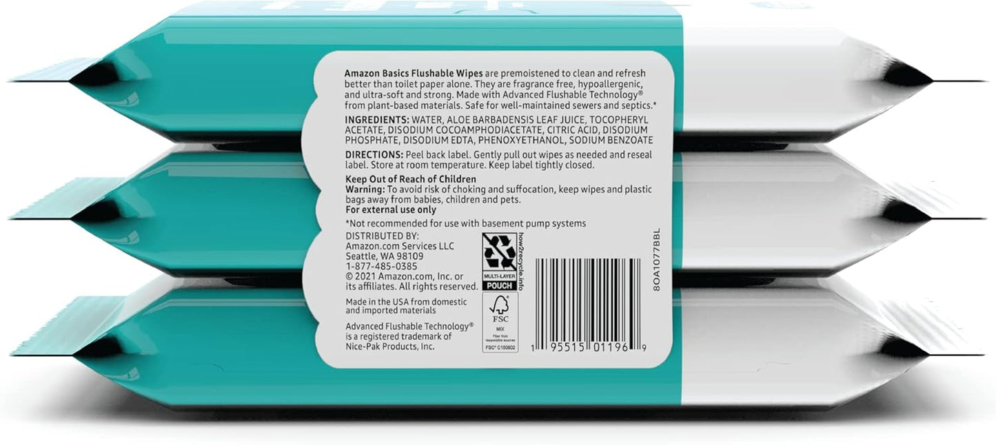 Flushable Adult Wet Wipes - Fragrance-Free, 126 Count (3 Packs of 42) | Gentle & Convenient