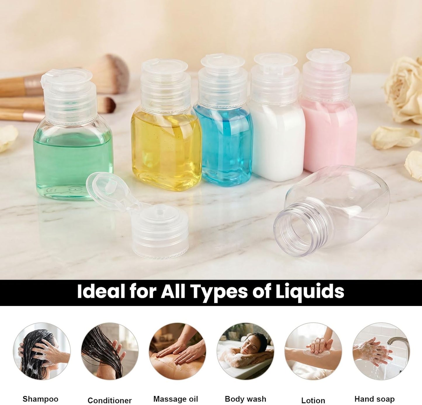 Travel Bottles for Toiletries - 6 Pack 2oz Leak Proof TSA Approved Squeeze Containers | Clear Wide Mouth for Shampoo & Conditioner