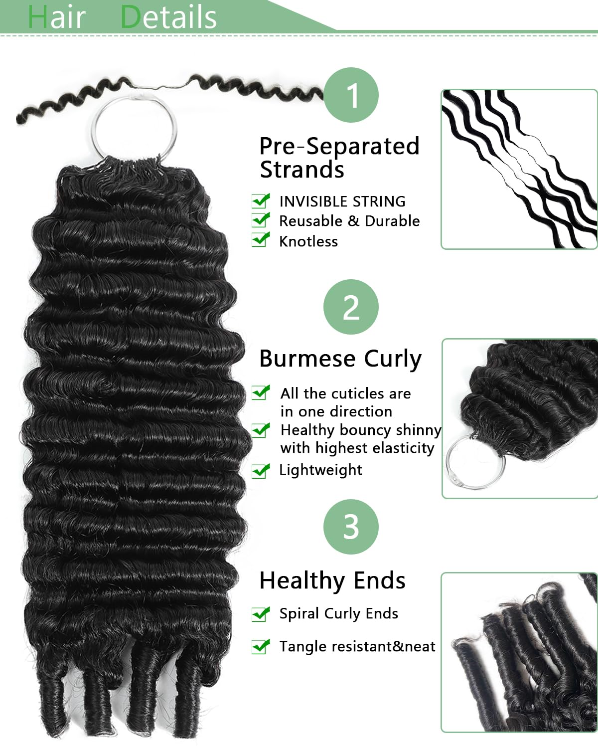 Burmese Curly Crochet Hair Extensions - 18 Inch, 120g Knotless, Reusable Virgin Hair with Spiral Ends