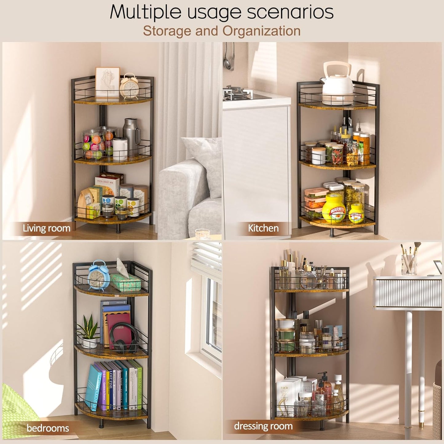 Bathroom Corner Shelf - 3 Tier Free-Standing Storage Unit for Small Spaces | Triangular Curved Design