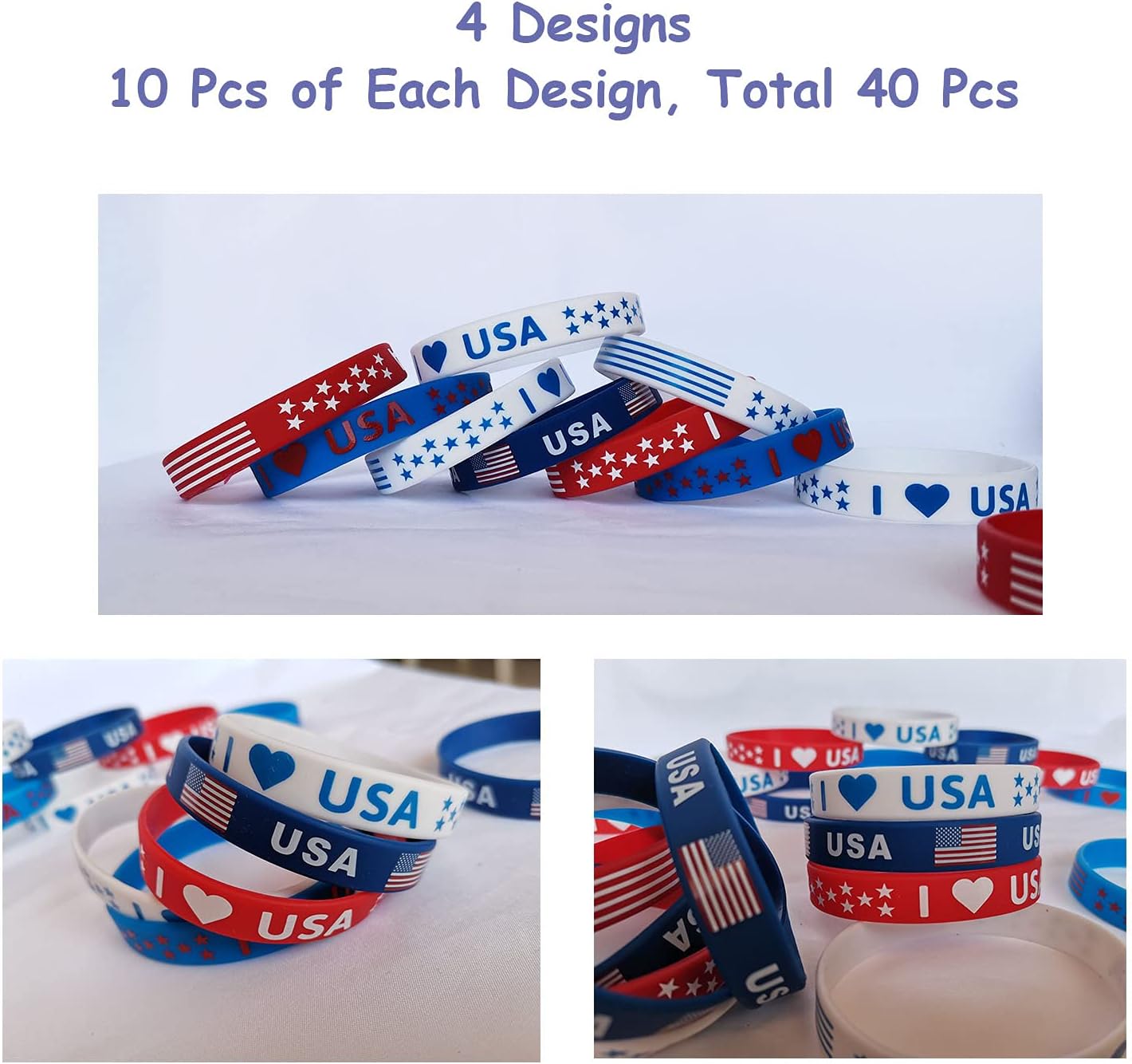 American Flag Silicone Bracelets - 40 Pcs Patriotic Party Favors | 4th of July, Memorial Day, Veterans Day