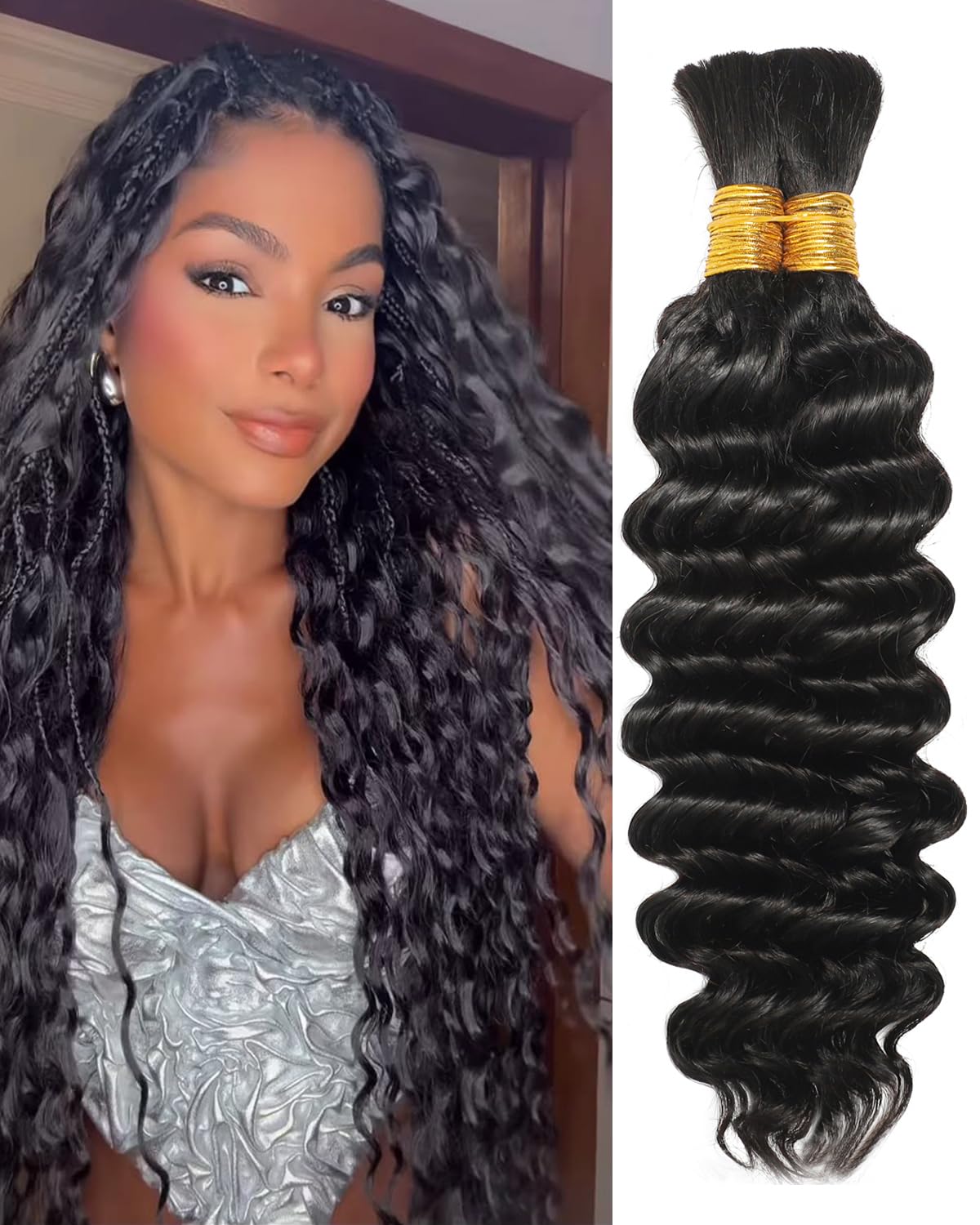 Flagship Human Braiding Hair for Boho Braids,Human Braiding Hair 16inch 100g Deep Wave Human Hair 2 Bundles