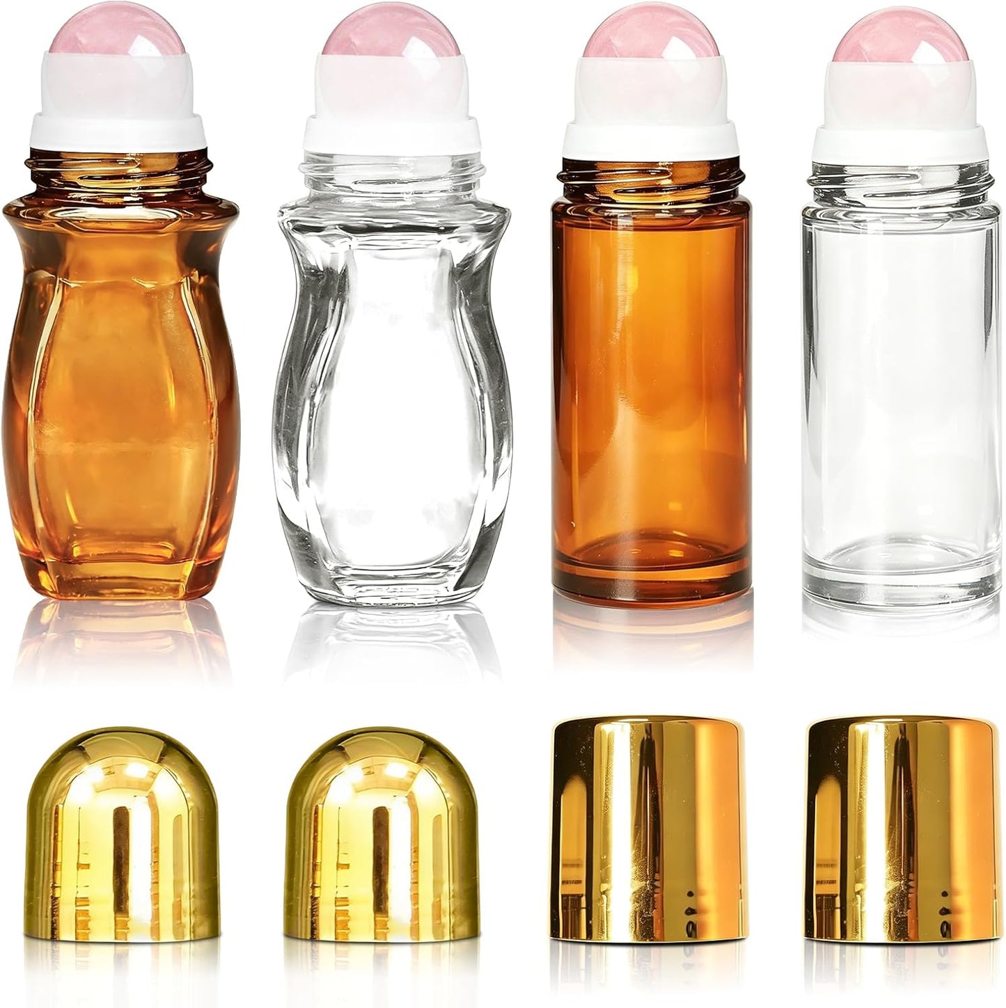 Rose Quartz Roller Bottles - 4 Pack 50ml Refillable Amber Glass | Leak-Proof Essential Oil Containers with Crystal Rollers