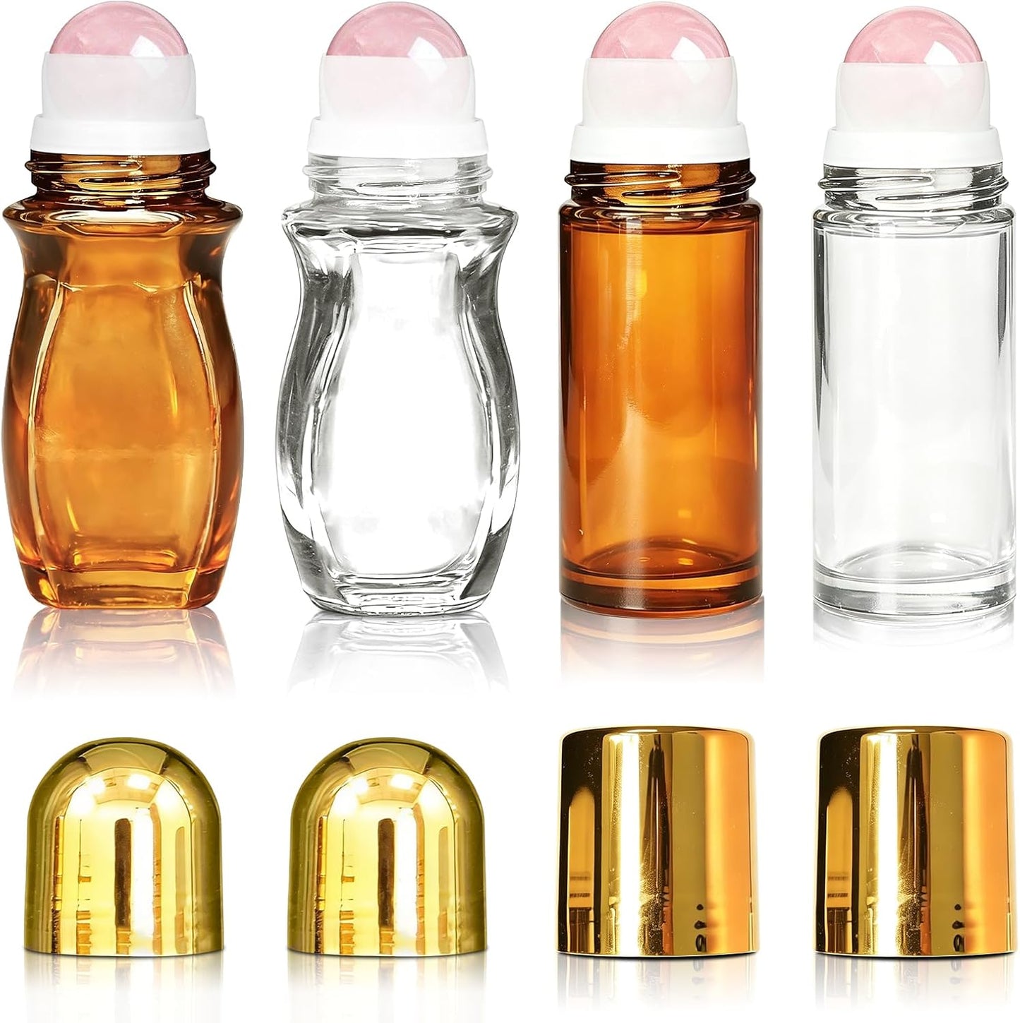 Rose Quartz Roller Bottles - 50ml Refillable Amber Glass | Leak-Proof Travel Perfume with Natural Crystal Rollers