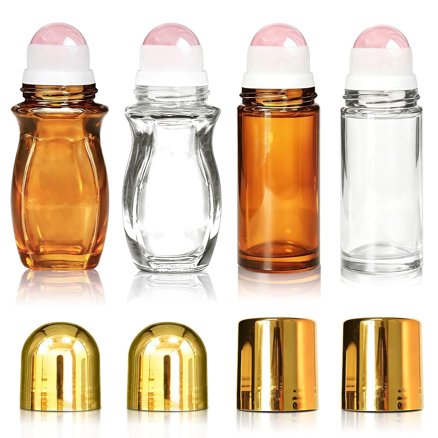Warmify 4 Pack Rose Quartz Roller Bottles for Essential Oils, 50ml Refillable Amber Glass Roll On Bottles with Natural Crystal Roller Balls, Leak-Proof Travel Perfume Bottle with Gold Caps