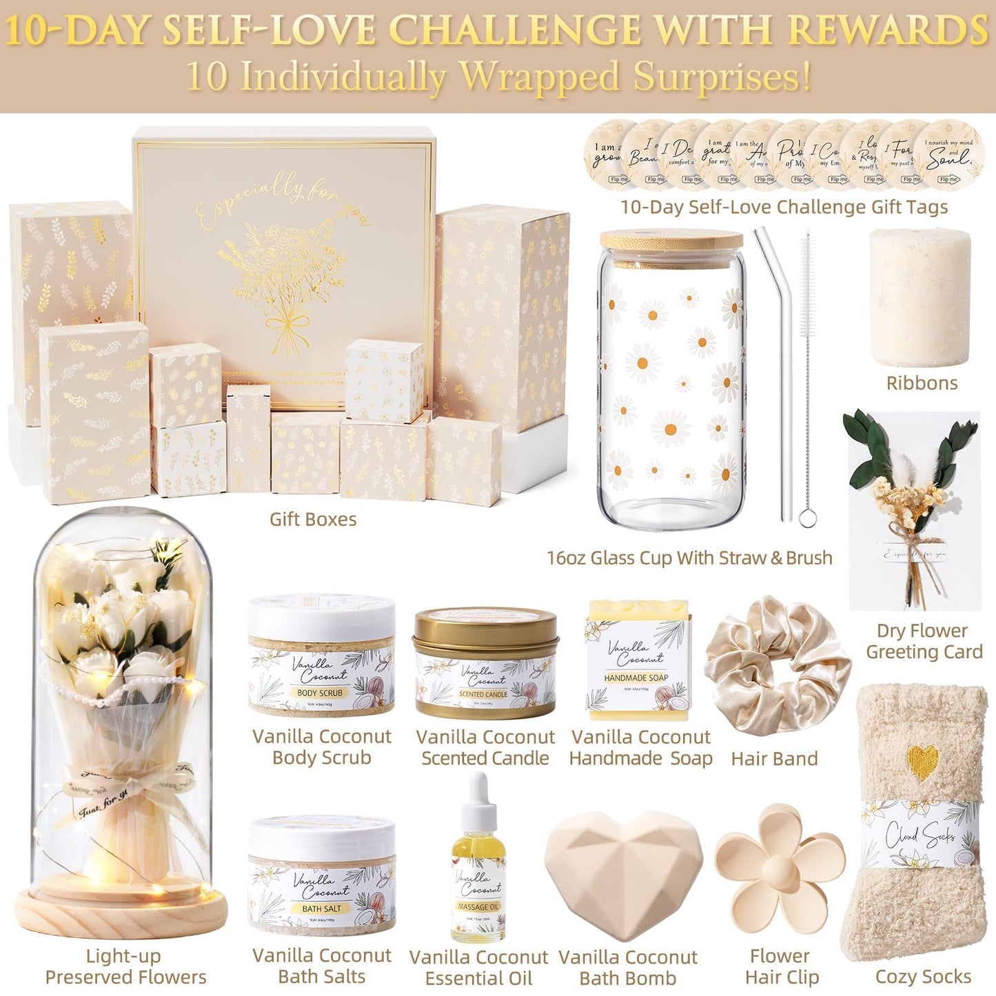Qinline SPA Gifts for Women & Teen Girl – 10 PCS Graduation Birthday Gift Basket, Luxury Self Care Home Bath Set for Relaxing, Get Well Soon Care Package & Pampering Gifts for Her Friend Daughter Mom