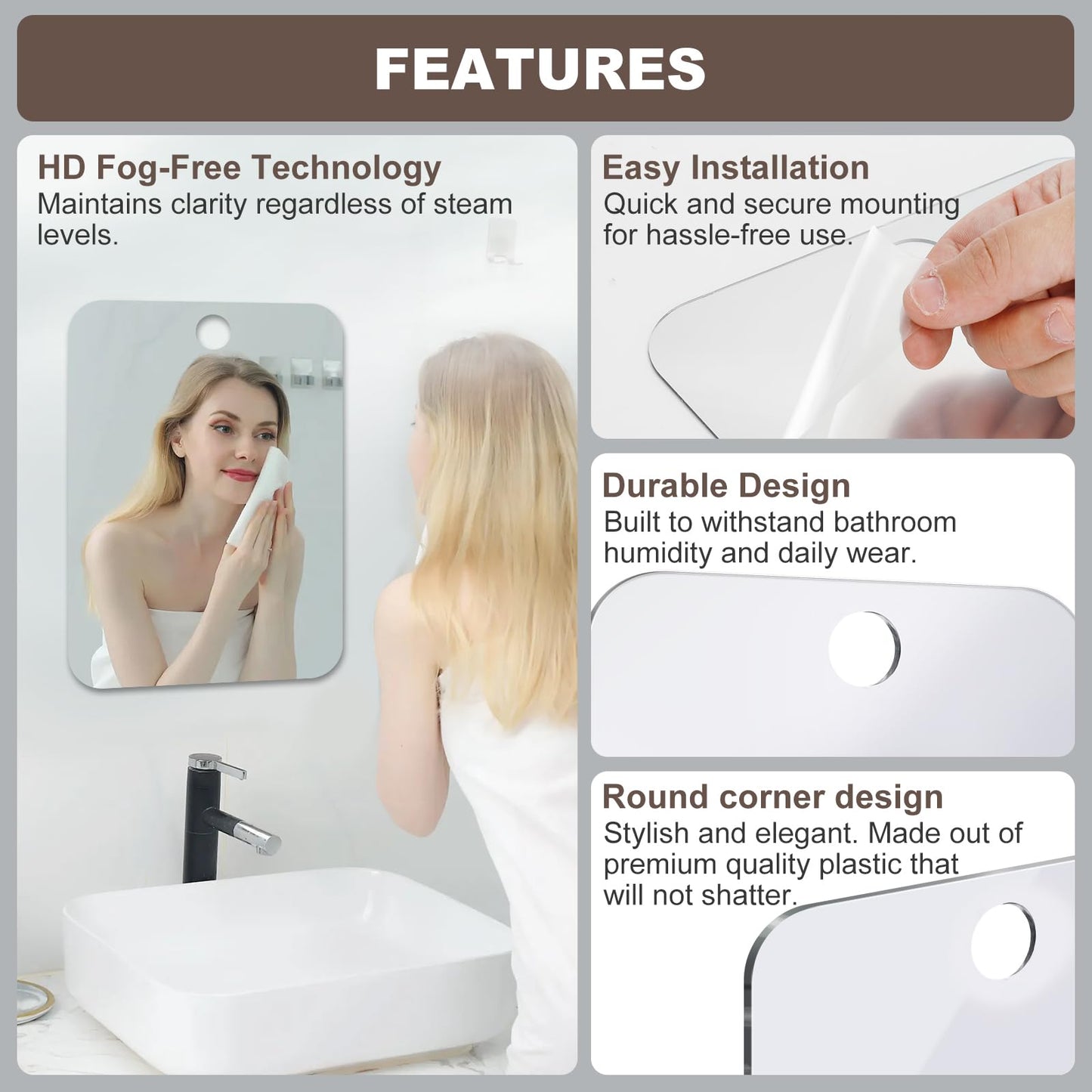 Nyosye Shower Mirror Fogless for Shaving Anti-Fog Frameless Wall Hanging Makeup,11.42" L x 7.87" W,Darkgrey
