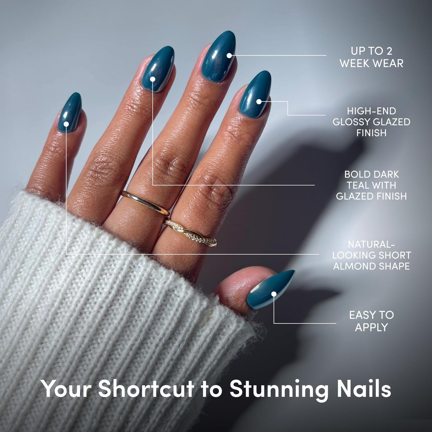 Glamnetic Press On Nails - Green Short Almond Fake Nails with Reflective Glaze | 30 Nail Kit in Midnight Teal, 15 Sizes Available
