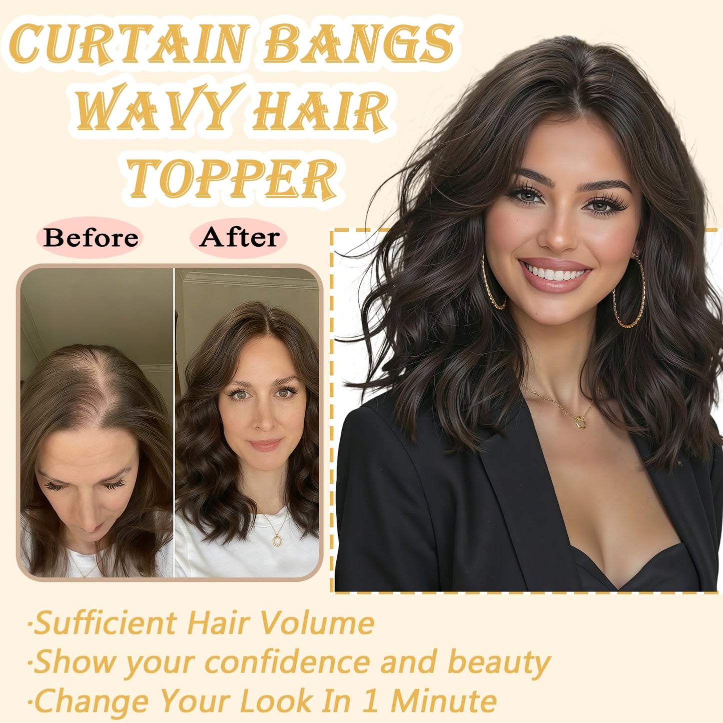 16 Inch Hair Topper for Women with Thinning Hair, Synthetic Curly Wavy Clip-In Topper with Curtain Bangs Natural Looking Crown Coverage Lightweight Hair Piece for Volume(Auburn Brown)
