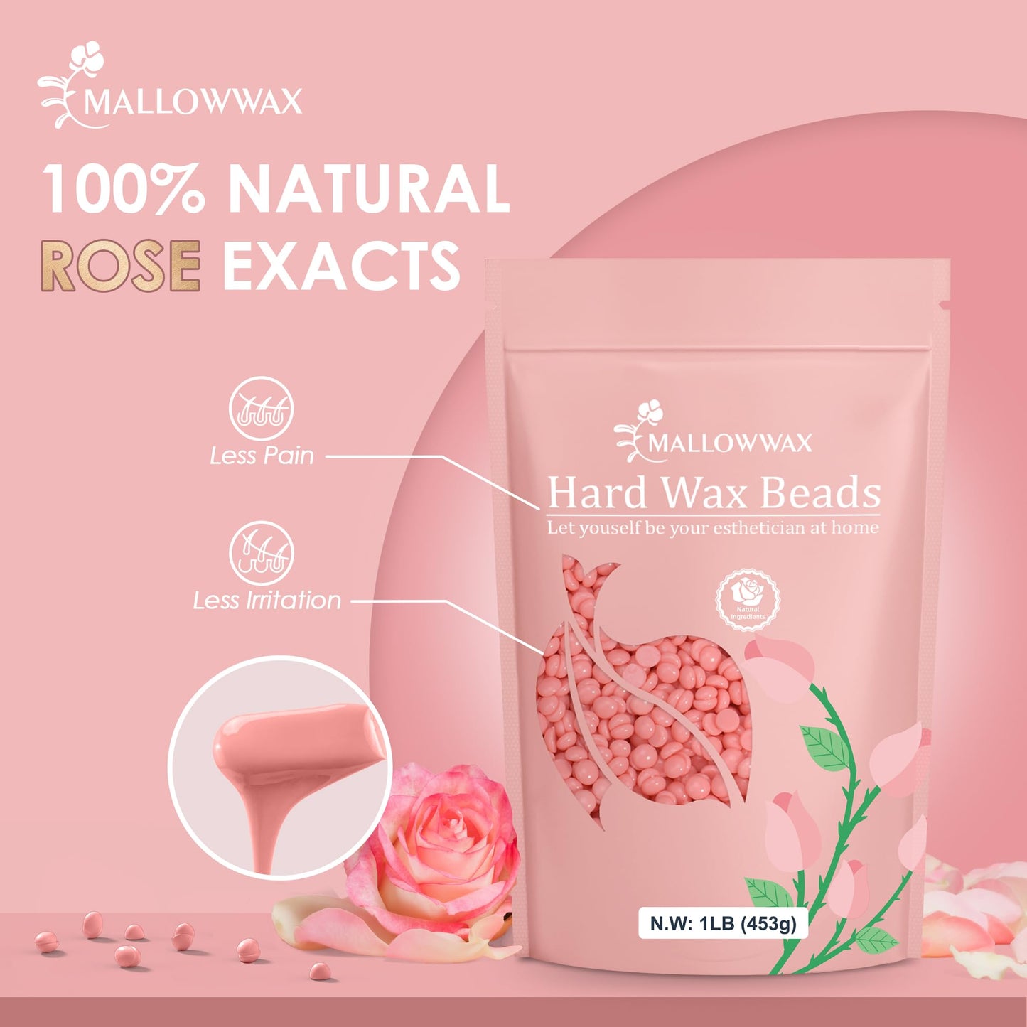 Mallowwax Hard Wax Beads, 1LB Pink Rose Wax Beans for Hair Removal, Waxing Beads Refill for Sensitive Skin, Perfect for Facial, Brazilian, Upper lip, Cheeks and Bikini Waxing at Home for Women Men