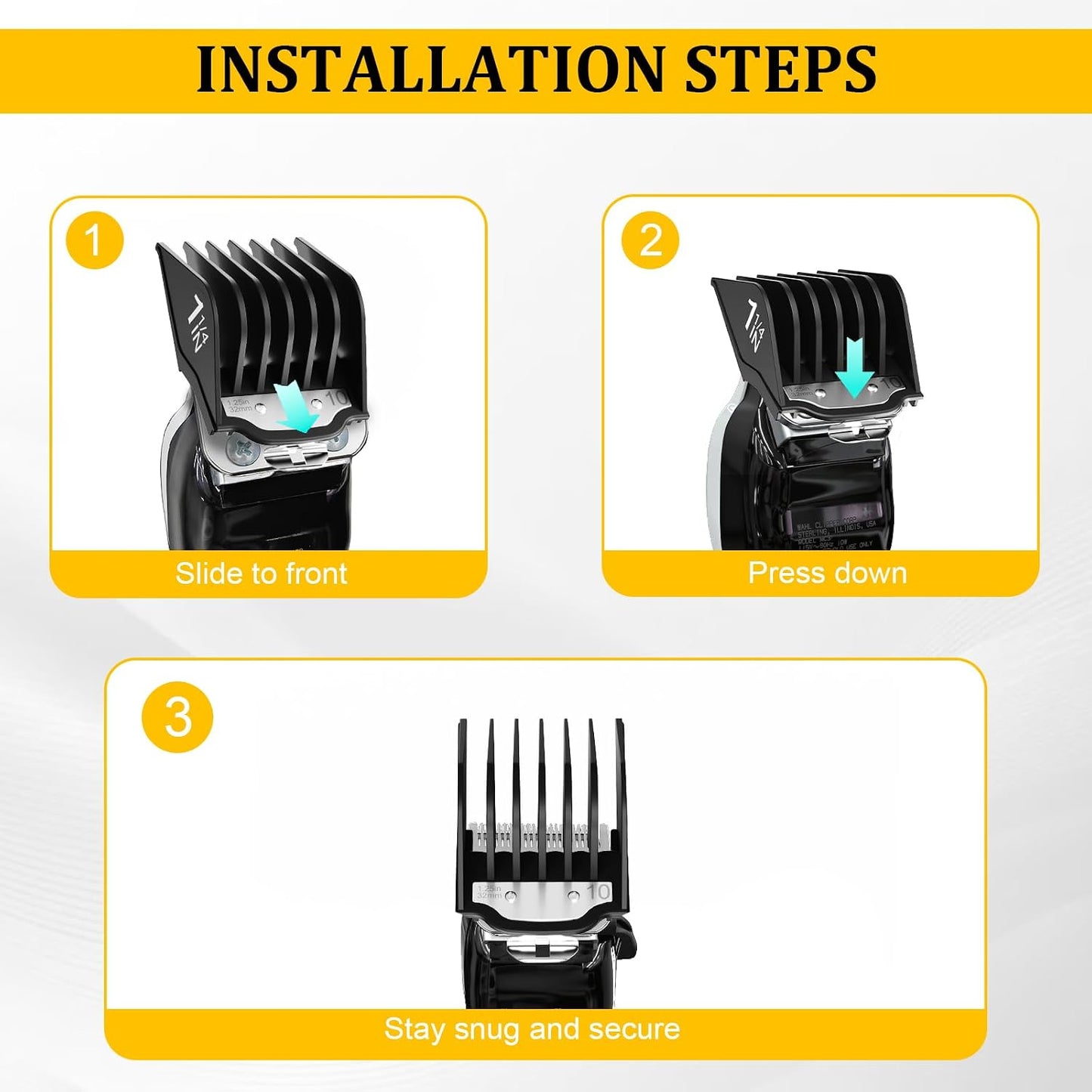 Professional Hair Clipper Guards - Metal Clip Combs for Wahl Clippers | 4 PCS Set in Black (1.25", 1.5", 1.75", 2")