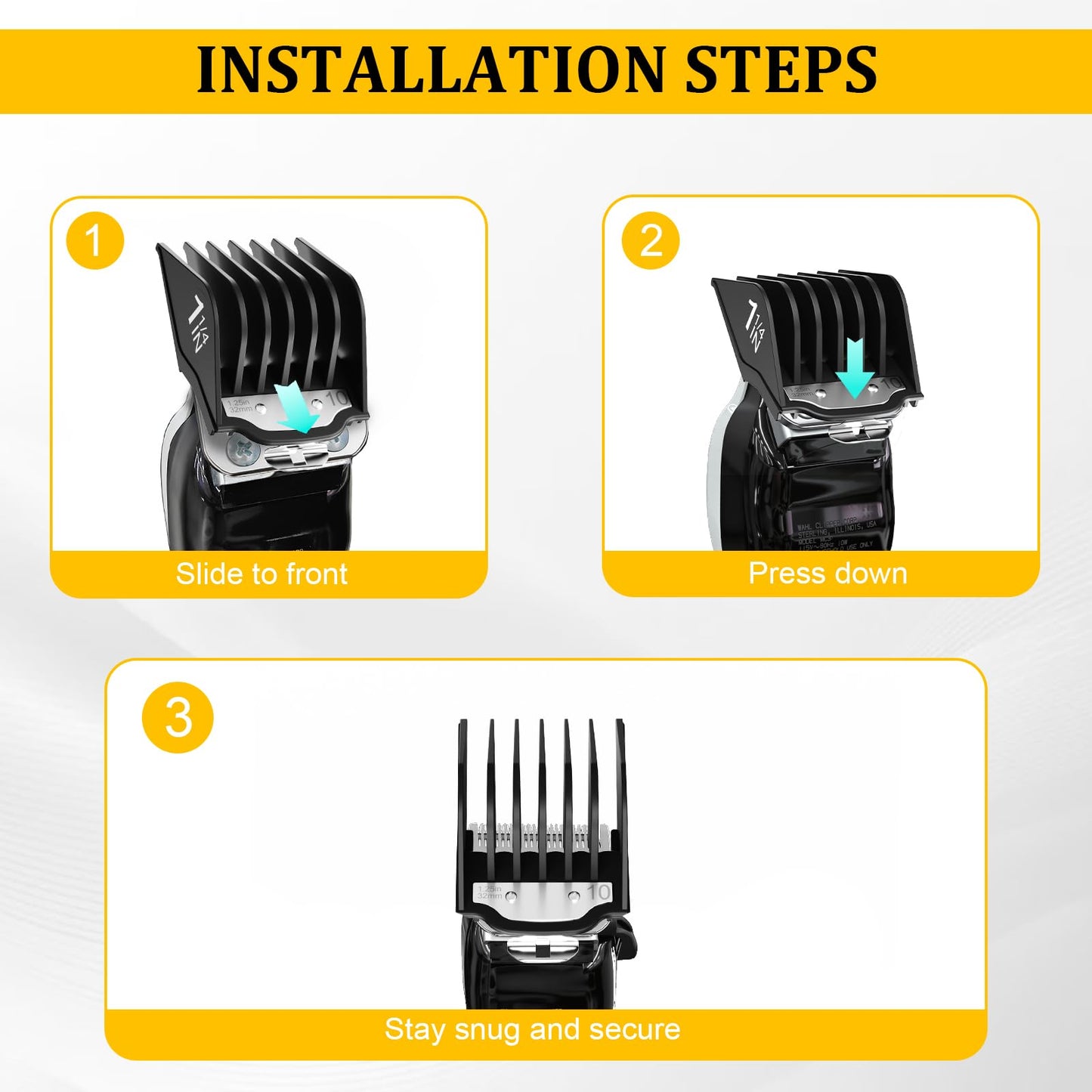 Clipper Guards with Metal Clip 1.25", 1.5", 1.75", 2" Compatible with Most Wahl Clippers, New Version 4 PCS Extra Long Professional Hair Clipper Combs Guides 10 12 14 16, Black