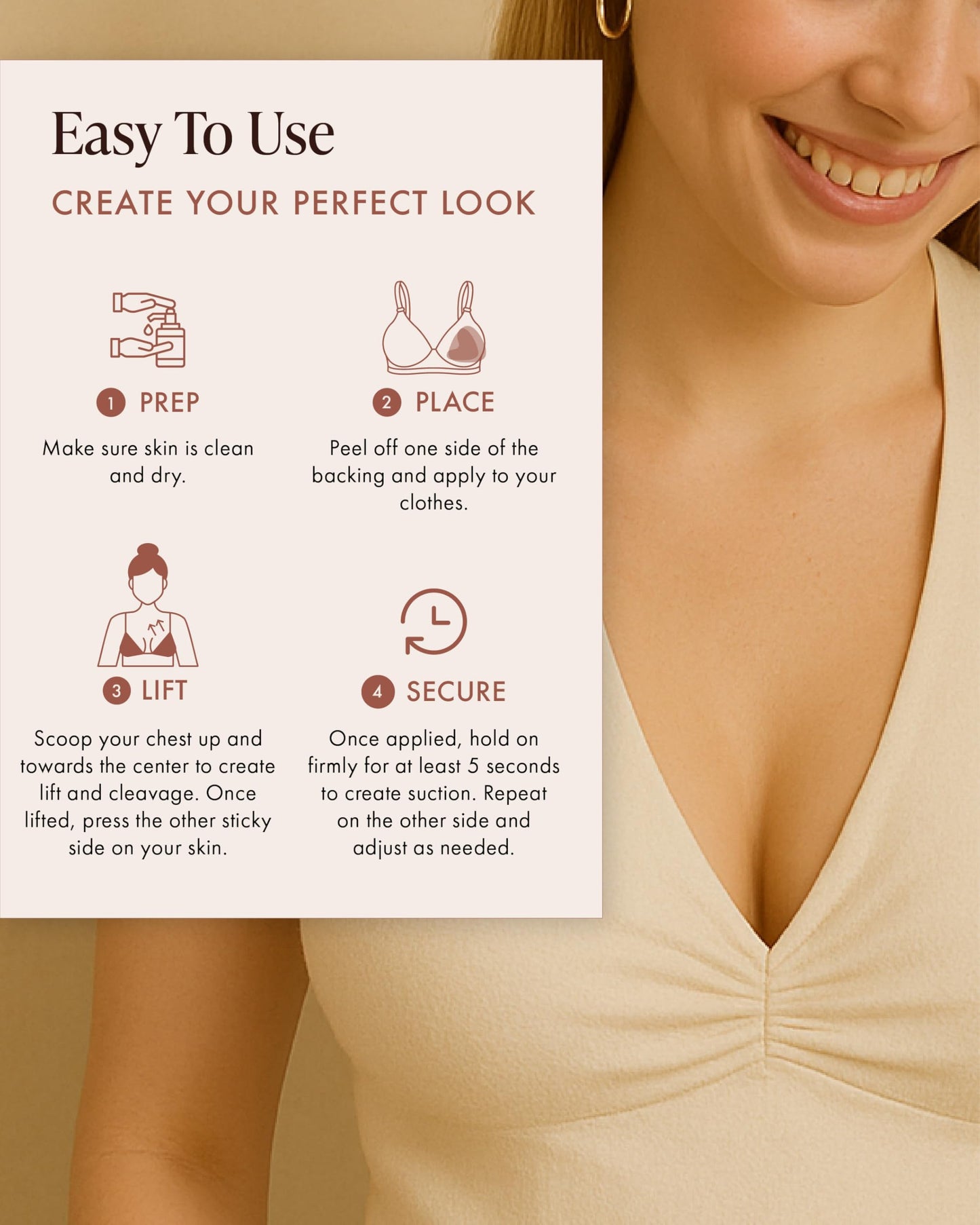 Bare Babe Sticky Push Up Inserts, Double Sided Sticky Bra Inserts, Adhesive Bra Pads, Sticky Bra Lift, Push Up for Bikini (Honey, Large)