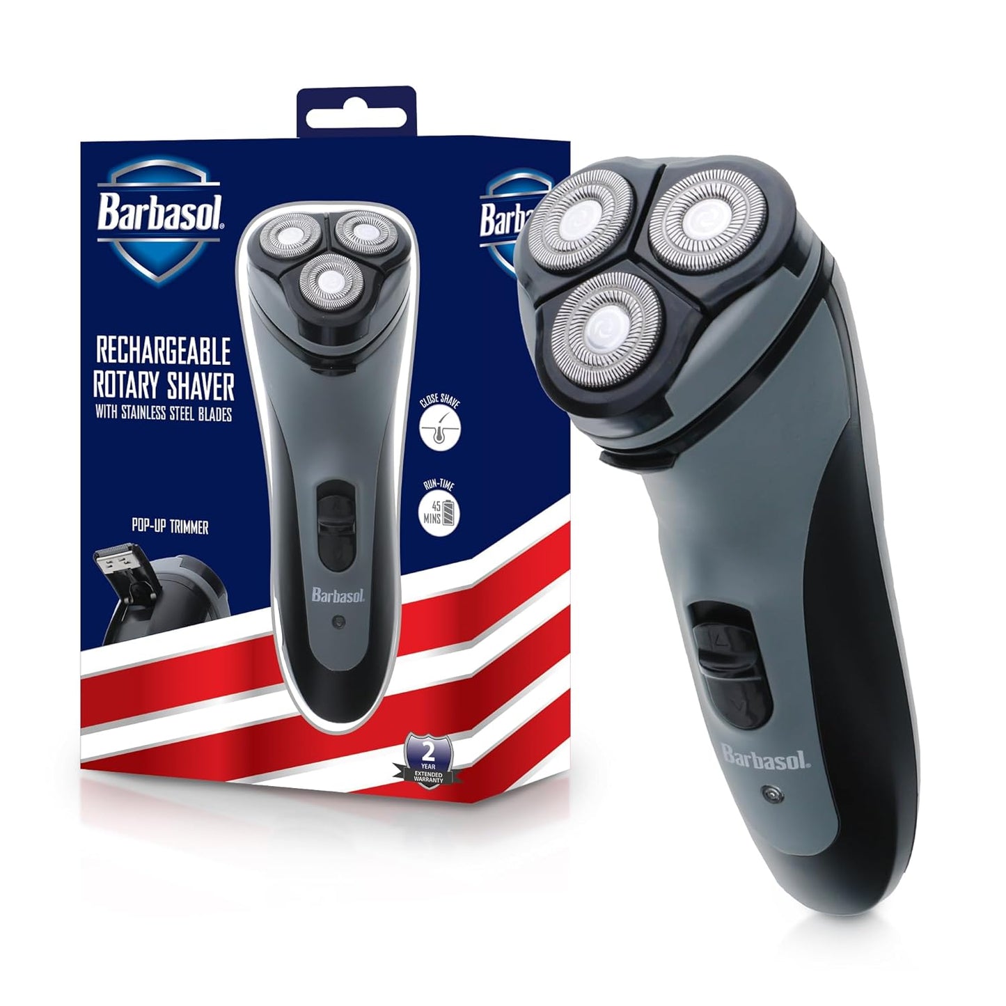 Barbasol Rotary Shaver - Rechargeable Electric Razor with Stainless Steel Blades | Pop-Up Trimmer, 45 Min Run-Time
