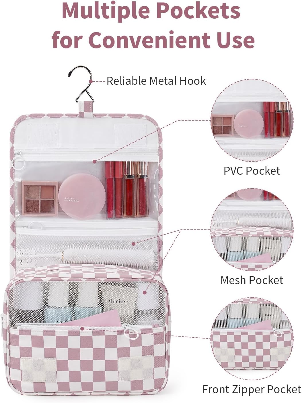 Small Hanging Travel Toiletry Bag - Checkered Makeup Organizer for Women | Dusty Pink Checkerboard