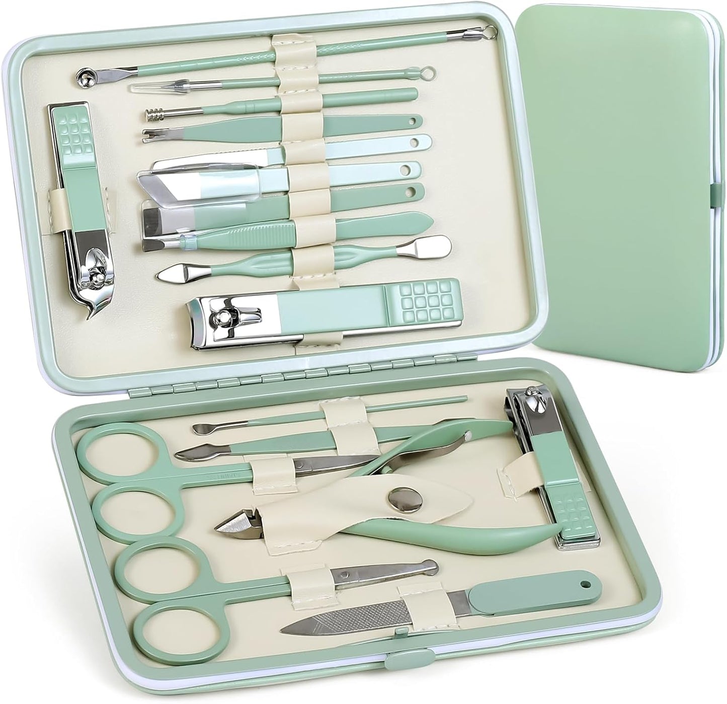 Manicure Set - 18-Piece Nail Clippers & Pedicure Kit for Men & Women | Tea Green Grooming Tools in Fine Case
