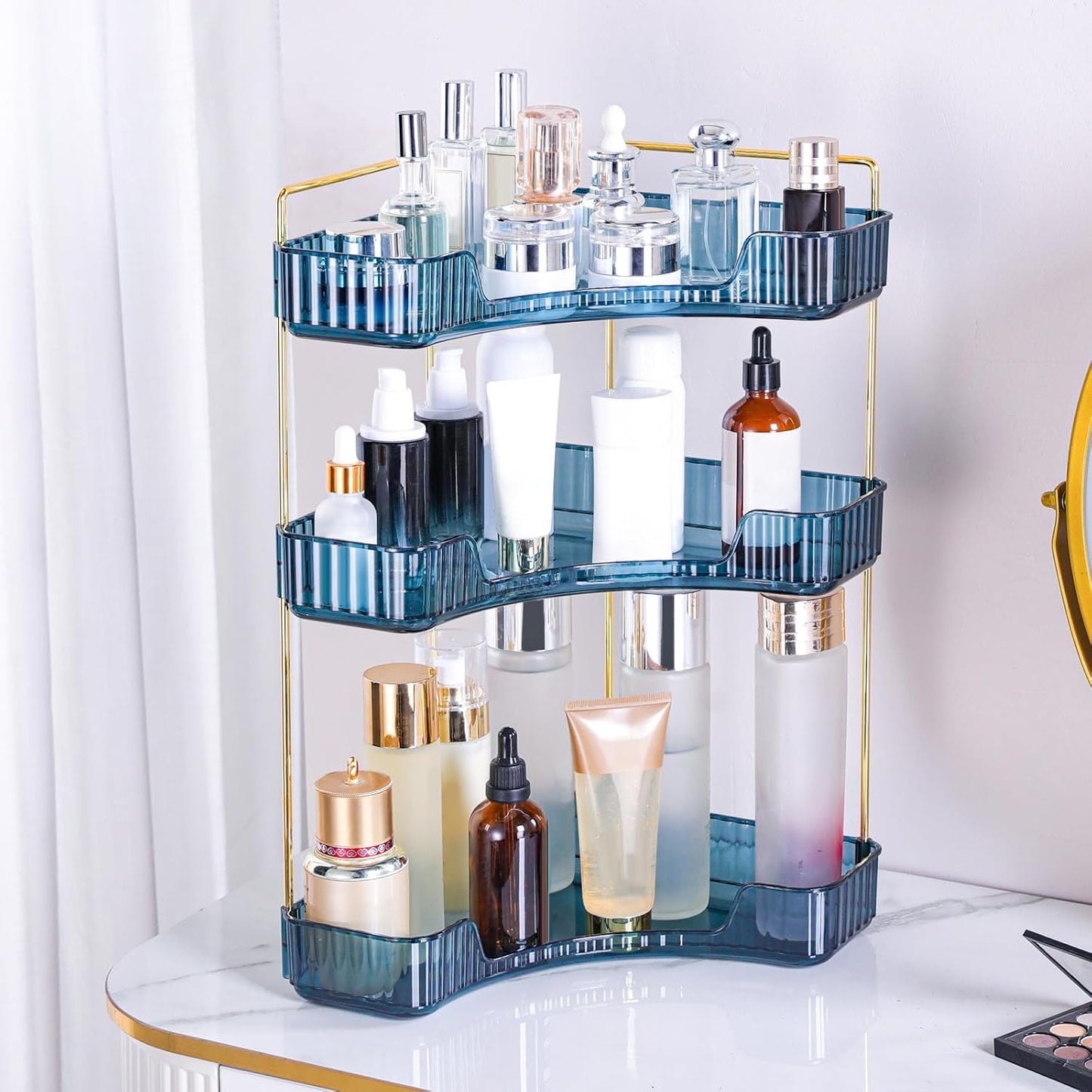 3 Tier Corner Bathroom Organizer - Stylish Makeup & Perfume Shelf for Vanity | Grey