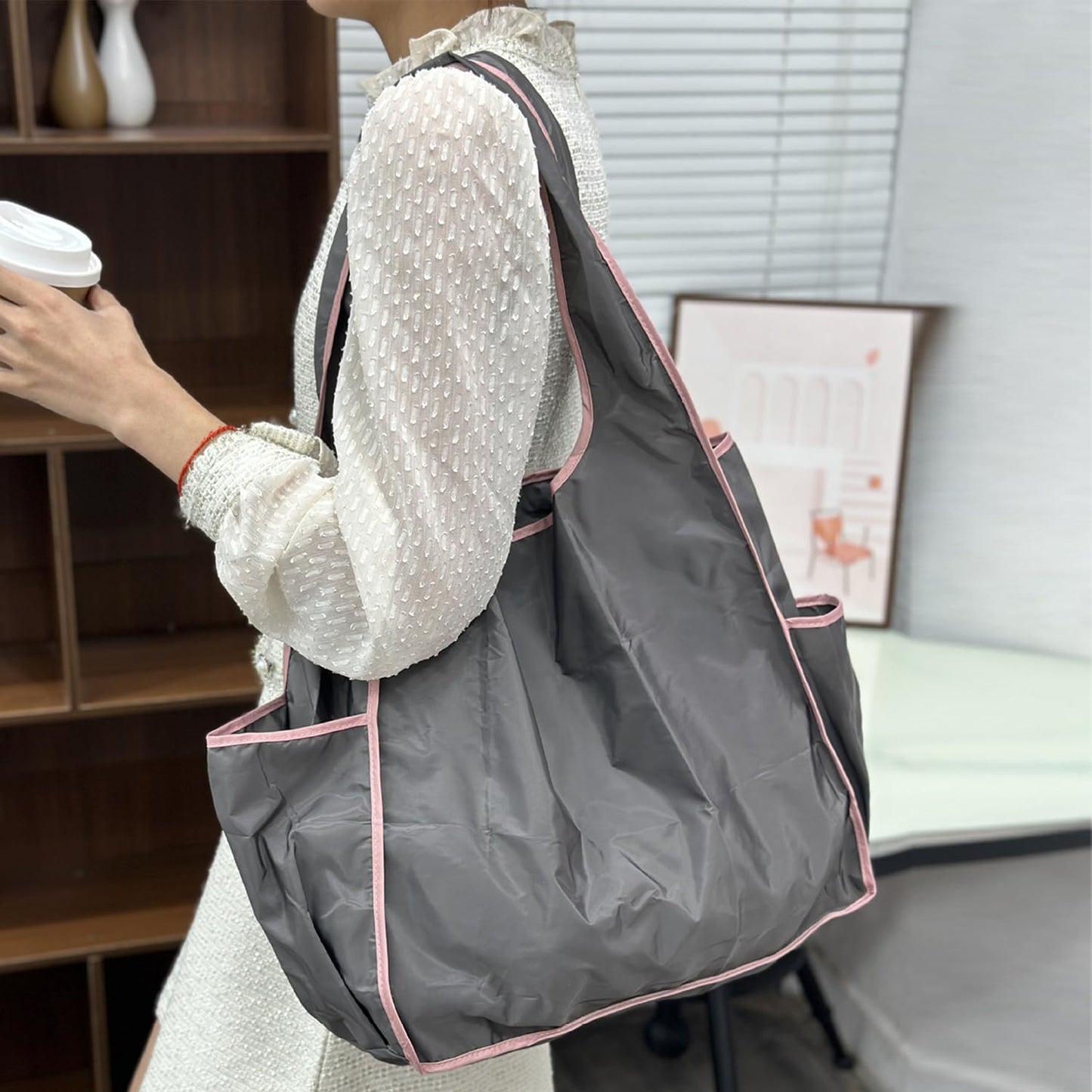 Foldable Tote Bag - Collapsible Packable Reusable Large Grocery Shopping Bags Grey