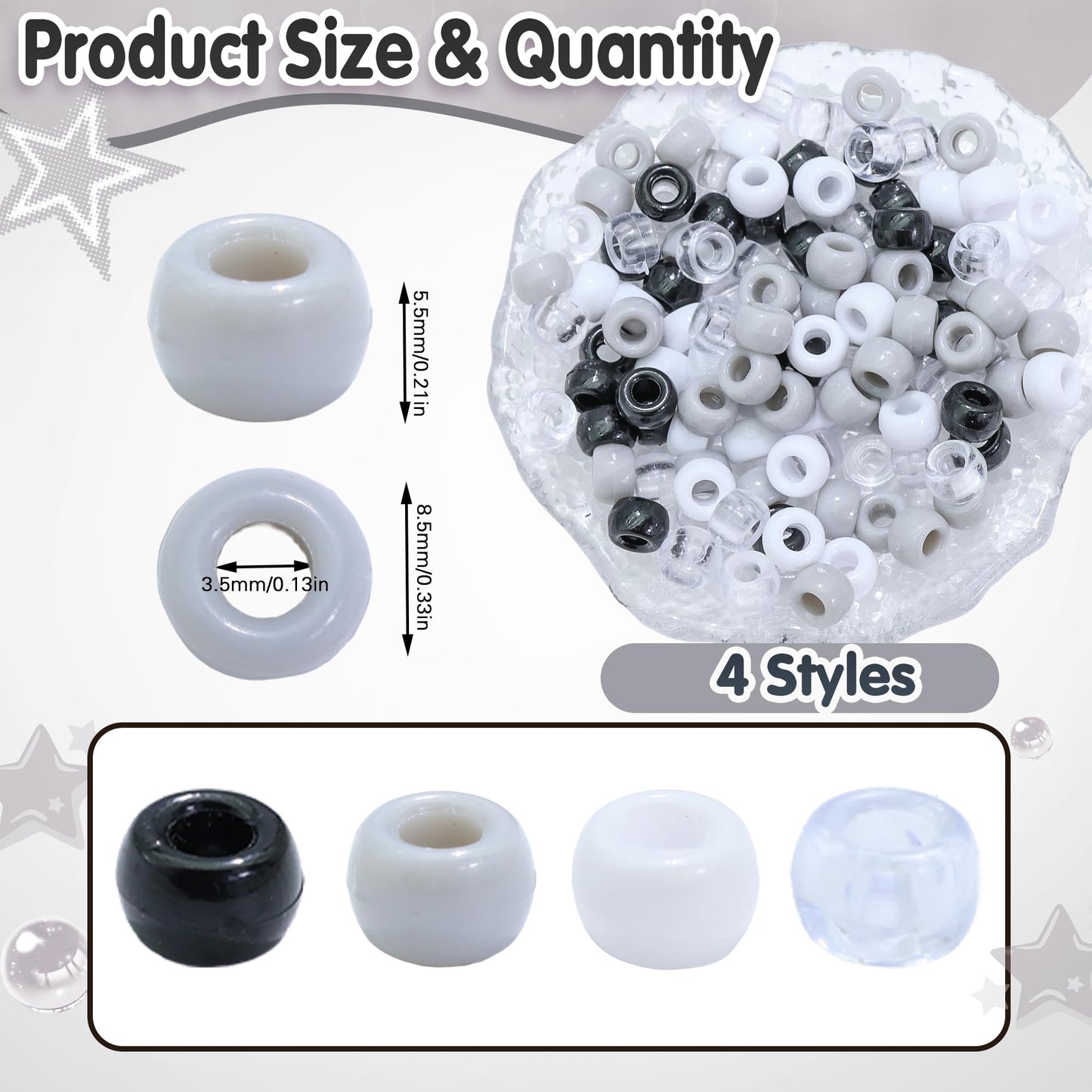 NAISKA 200PCS Black Pony Bead White Gray Hair Beads for Locs Small Flat Braids Beads 4 Colors Hair Accessories for Kids Girls Boys
