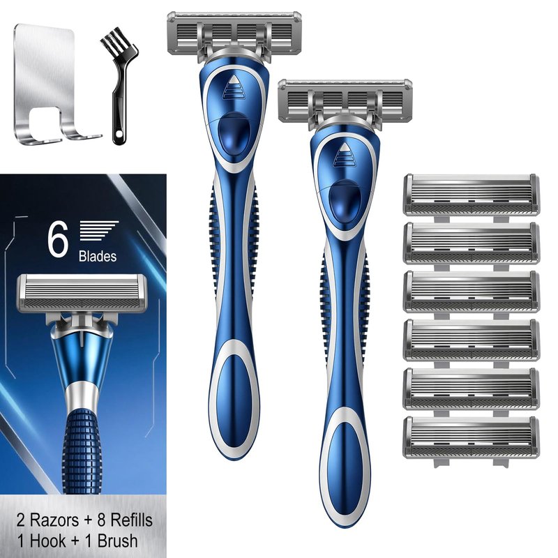 FYNEDGE 6-Blade Manual Razor for Men with Lubricating Strip, 2 Ergonomic Non-Slip Handles Includes 8 pack Razor Blade Refill Cartridges, with Hanging Hook & Cleaning Brush, Full Washable Dsign