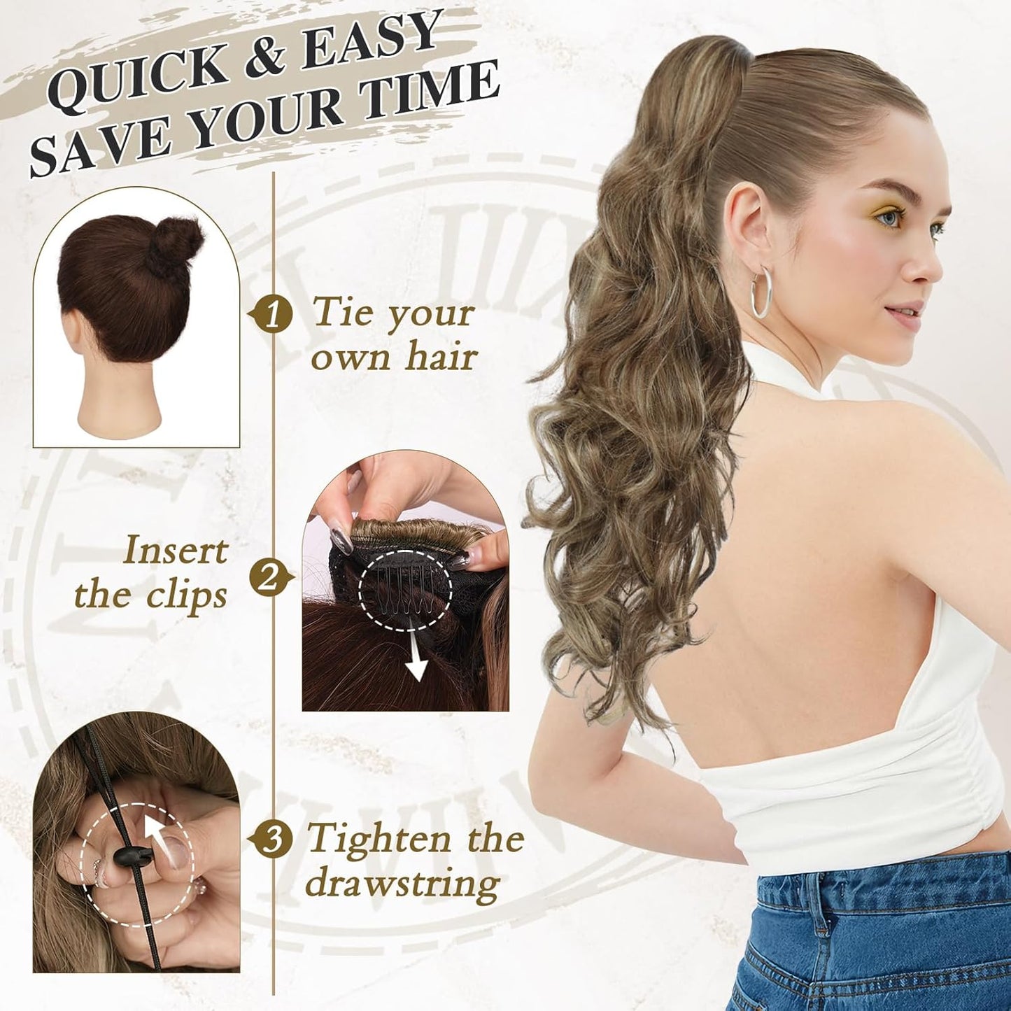 Highlight Ponytail Extension - 20 Inch Curly Wavy Drawstring Hairpiece | Ash Brown & Blonde