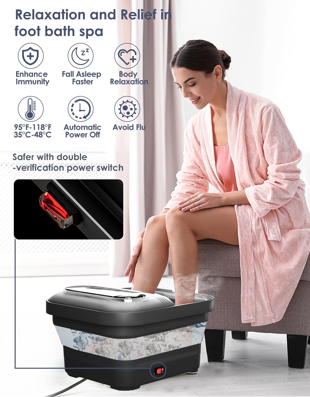 OOAMBB Collapsible Foot Spa with Heat, Bubble and Temp Control, Foot Bath Massager with XL Touch Screen and Massage Rollers, Foot Soaking Tub, Pedicure Foot spa for Stress Relief (Black)