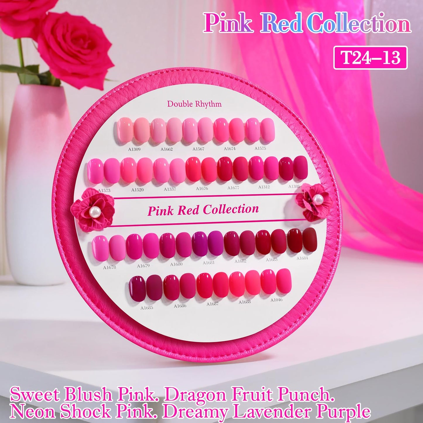 Double Rhythm 28Pcs 0.5Oz Gel Nail Polish Set Same Color Same Bottle Gel Polish Kit Nail Art Manicure Salon DIY at Home for Women (Bright Pitaya Pink Purple Red Collection-T24-13)