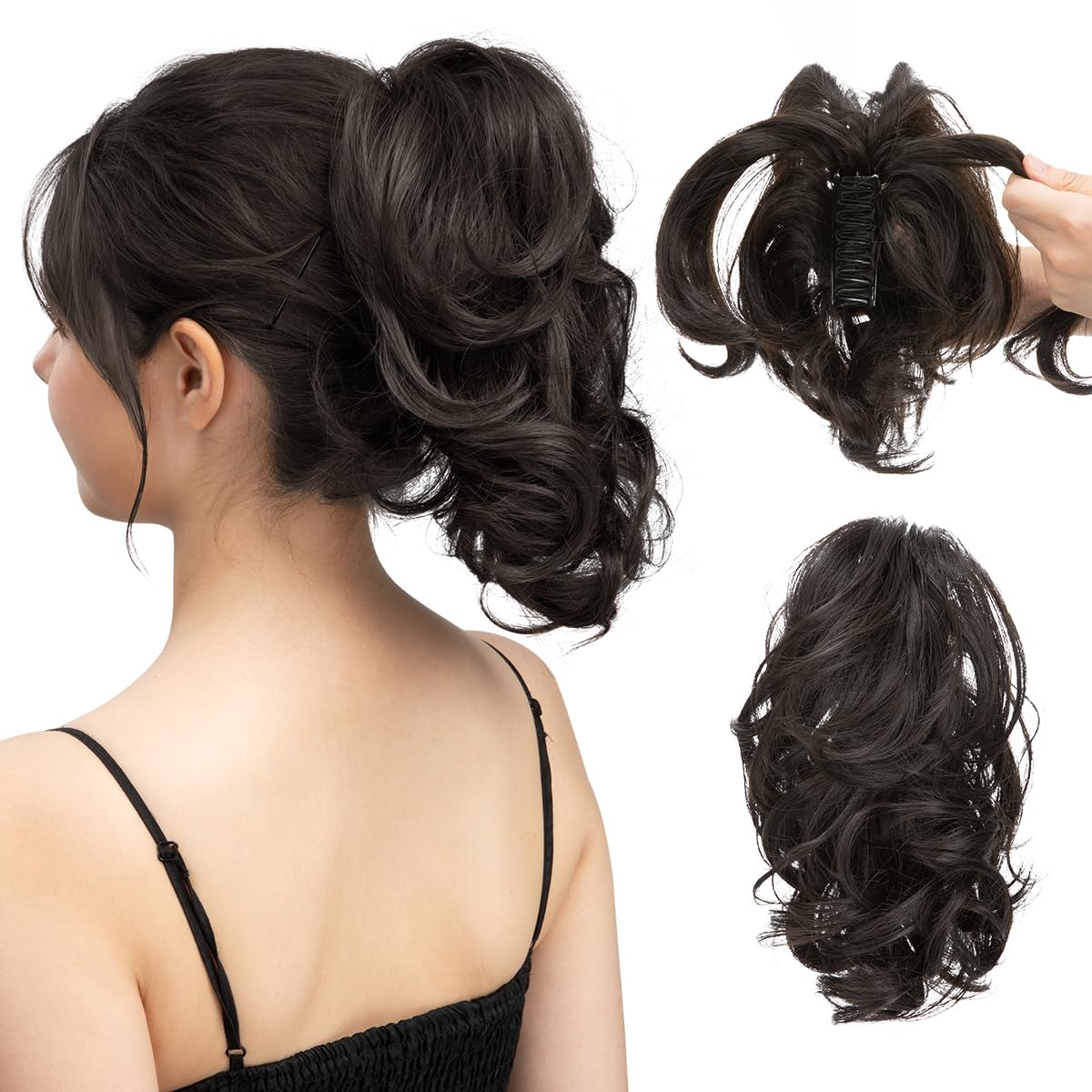 CJL Hair Claw Clip Short Ponytail Extensions - Bendable Metal Messy Bun Piece | Wavy Curly Synthetic Hair, Ash Grey
