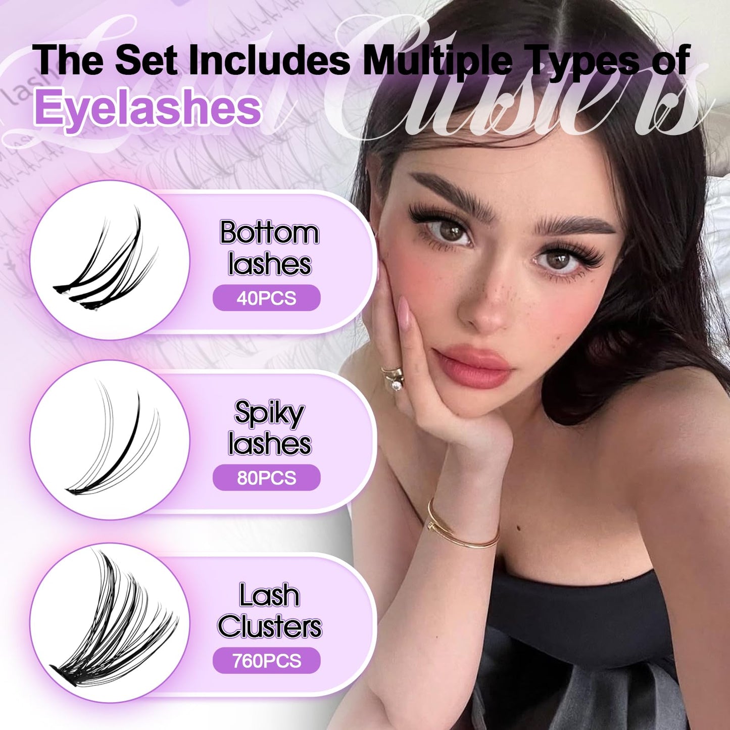Wendy Lash Clusters Kit With Bottom Lashes 30D+40D+40D+50D+60D+80D 880-Pcs Fluffy Eyelash Clusters D Curl Lashes Extension Soft Eyelash Extension Kit Wispy Natural DIY at Home