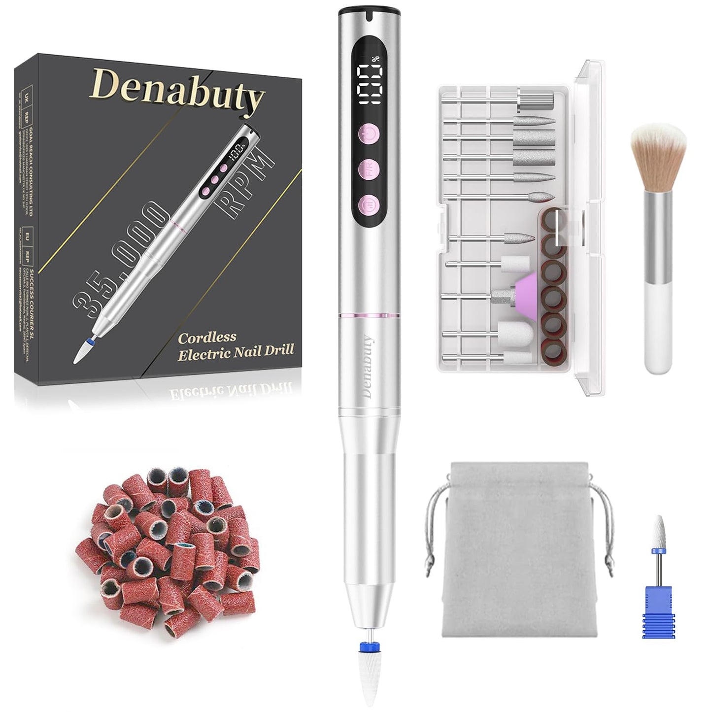 Electric Nail Drill - Cordless 35000RPM Portable Nail File with LCD Display | 12 Bits for Acrylic & Gel Nails, Pink Manicure Kit