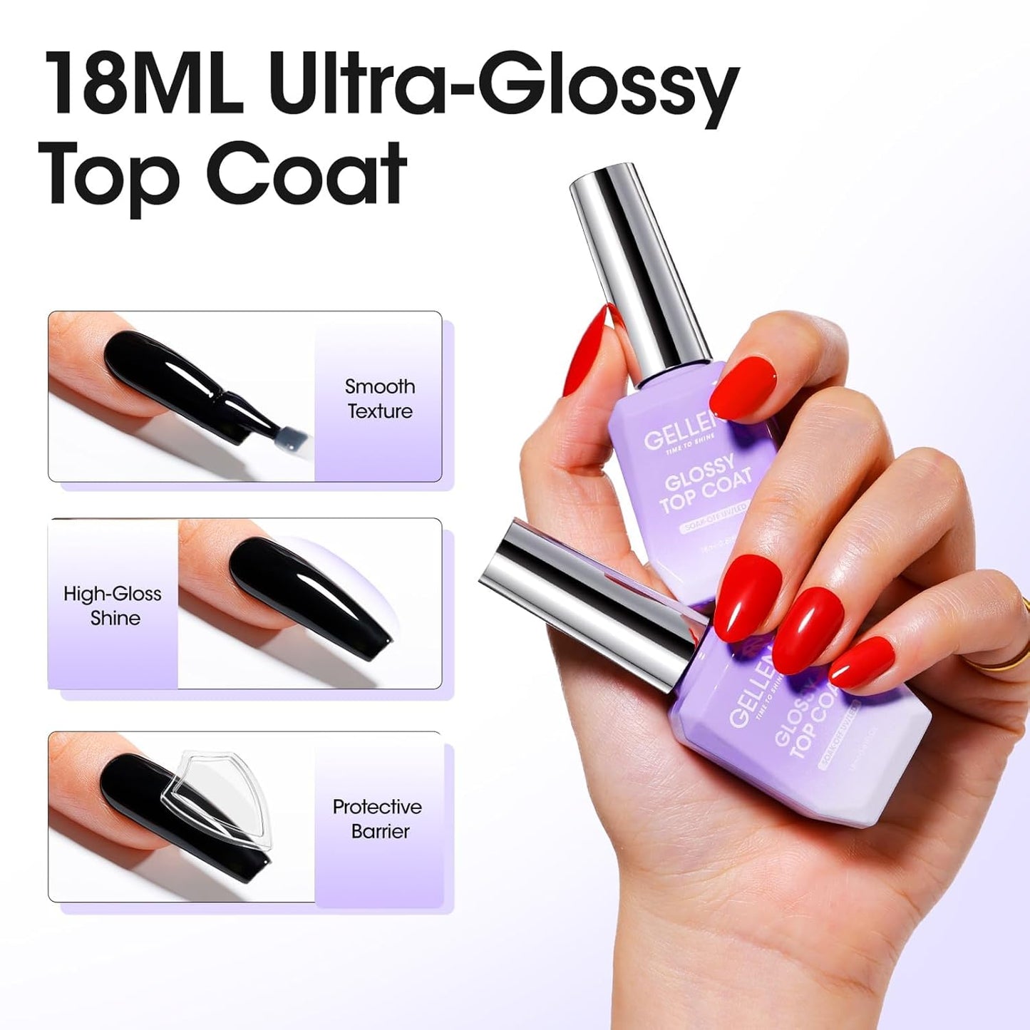 GELLEN No Wipe Gel Top Coat Set - 2 Pcs 18 ml Glossy Nail Polish for Home Salon Manicure