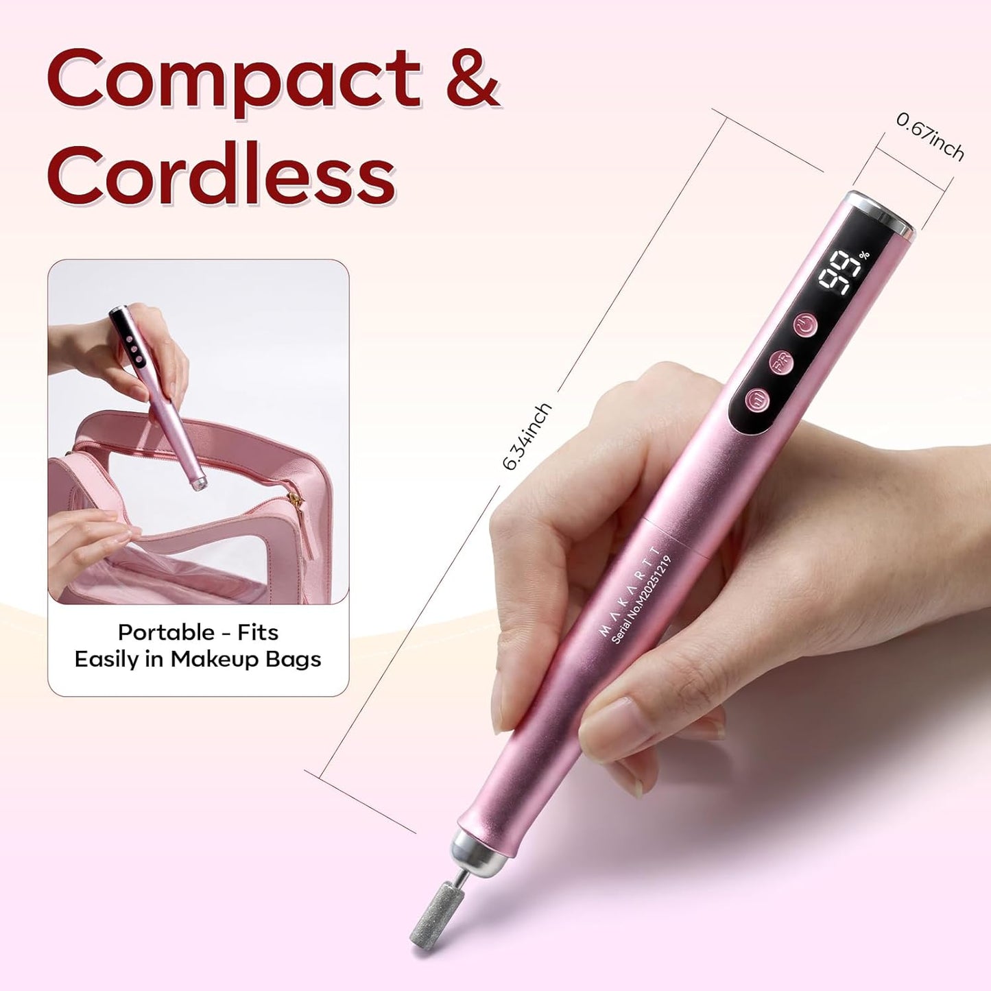 Rechargeable Nail Drill - 25,000 RPM Cordless Electric File | Lightweight E-File Kit for Gel Polish Removal (Pink)