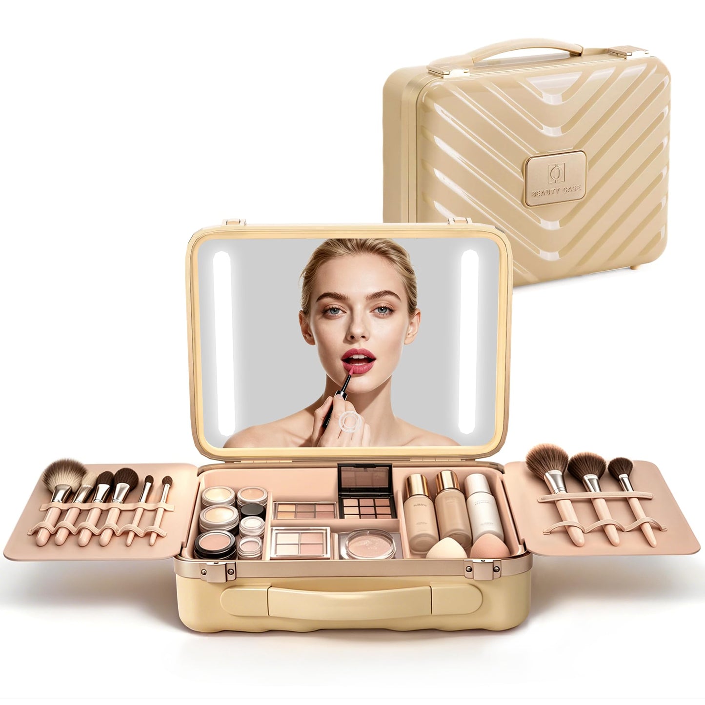 EASYINBEAUTY Makeup Travel Case with LED Lighted Mirror, Golden