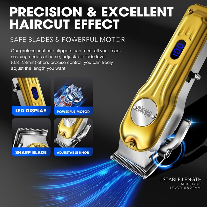 DSP Professional Hair Clipper for Men, Clipper and Trimmer Set - Electric Clipper for Hair Cutting, Cordless Barber Clipper Set with LED Display for Men Gift (Gold)