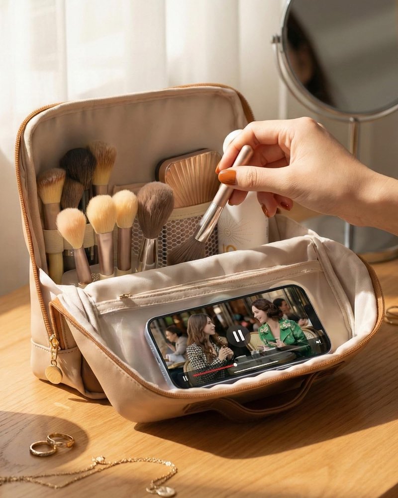 Large Makeup Bag - Sturdy PU Leather Cosmetic Organizer with Fold-Down Phone Tray | Waterproof Travel Toiletry Case, 9.5 Inch, Brown