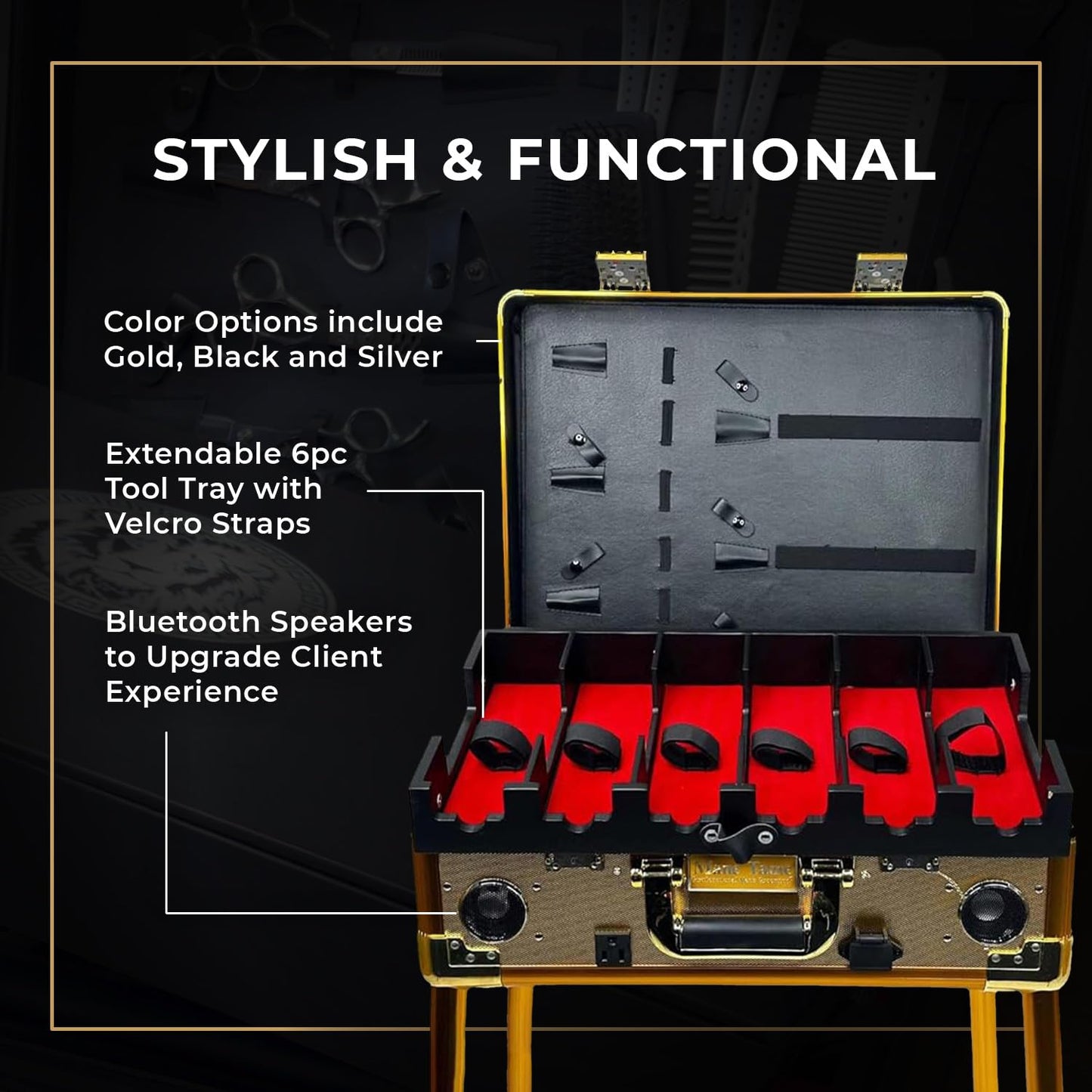 MANE TAME Barber Case - VIP Mobile Barber Station- Gold - Includes Speakers, TSA Locks, Removeable/Adjustable Legs.