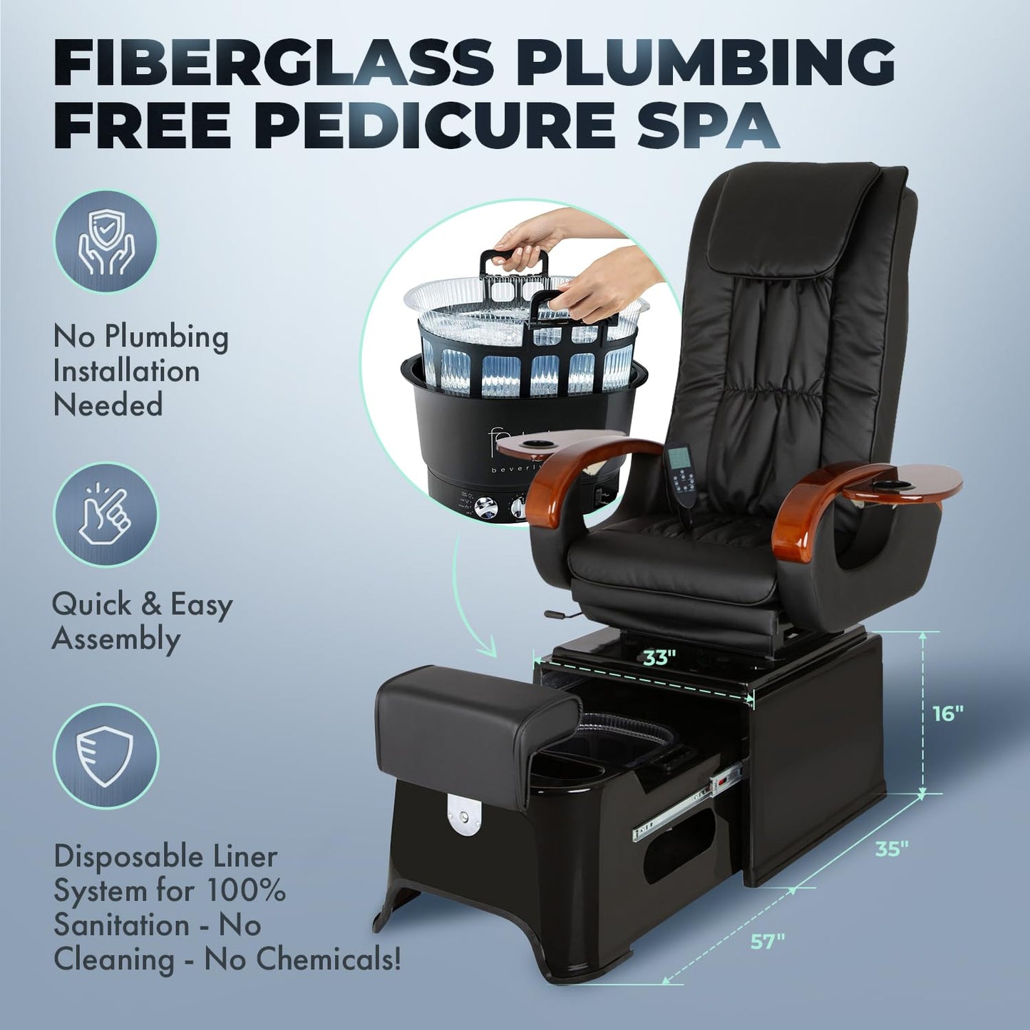 Pibbs PS42 Plumb-Free Fiberglass Pedicure Spa, Footsie Bath, Full Roller Massage, Reclining Back, Liners, Adjustable Footrest & Manicure Trays, No Plumbing, PIB-PS-42-BLK