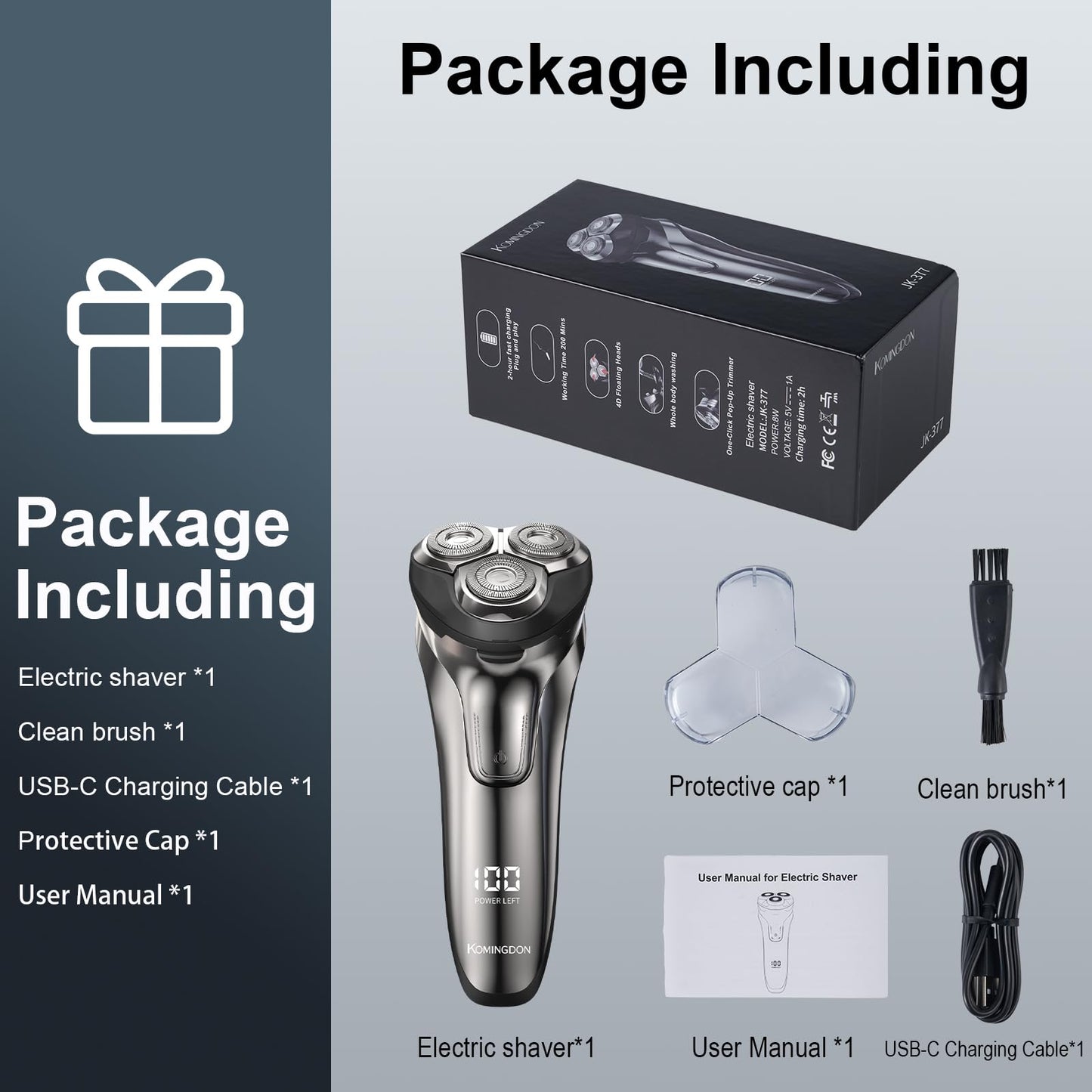 Electric Razor for Men with Pop-Up Trimmer, Rechargeable Cordless Electric Shaver, IPX6 Waterproof Wet Dry, USB-C Fast Charging