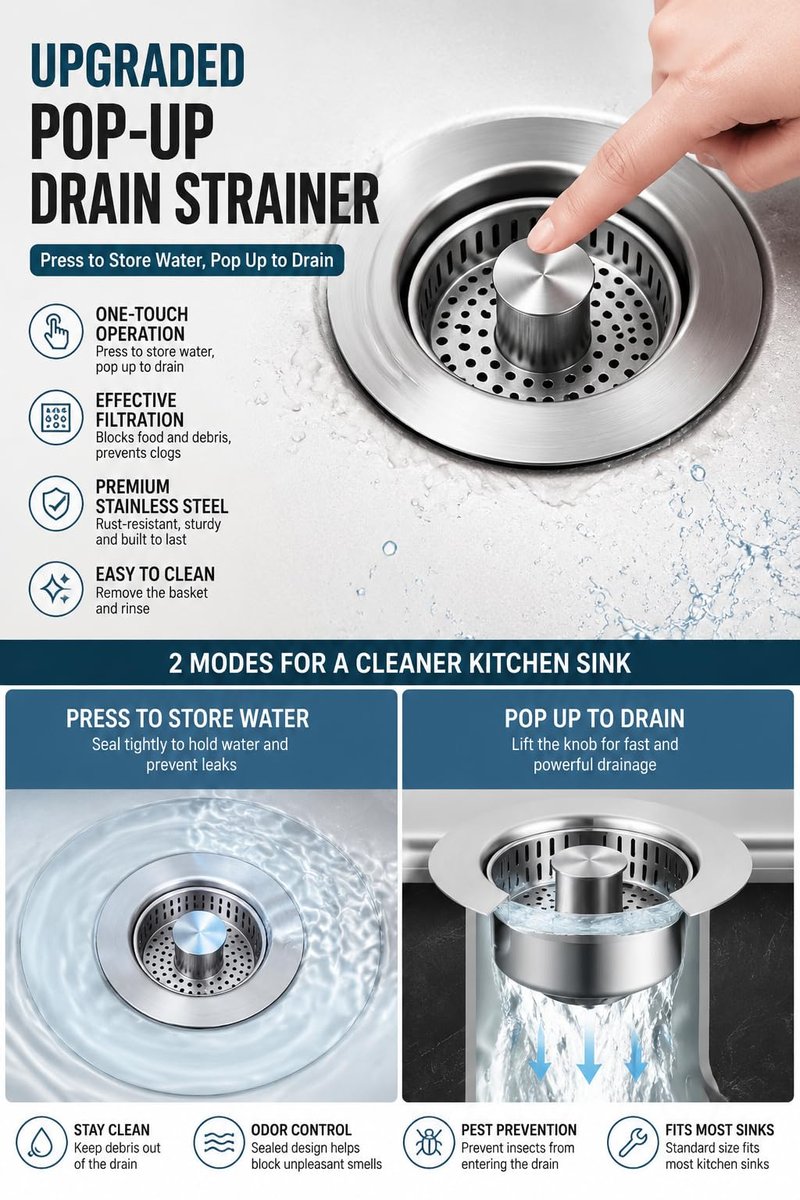 Makeforu 1PC 3-in-1 Kitchen Sink Strainer Stopper Combo Stainless Steel Wrap Around Sink Downspout for US Standard 3-1/2 inch Sewer Strainer, Smooth Handle for Easy Cleaning, Anti-Clogging