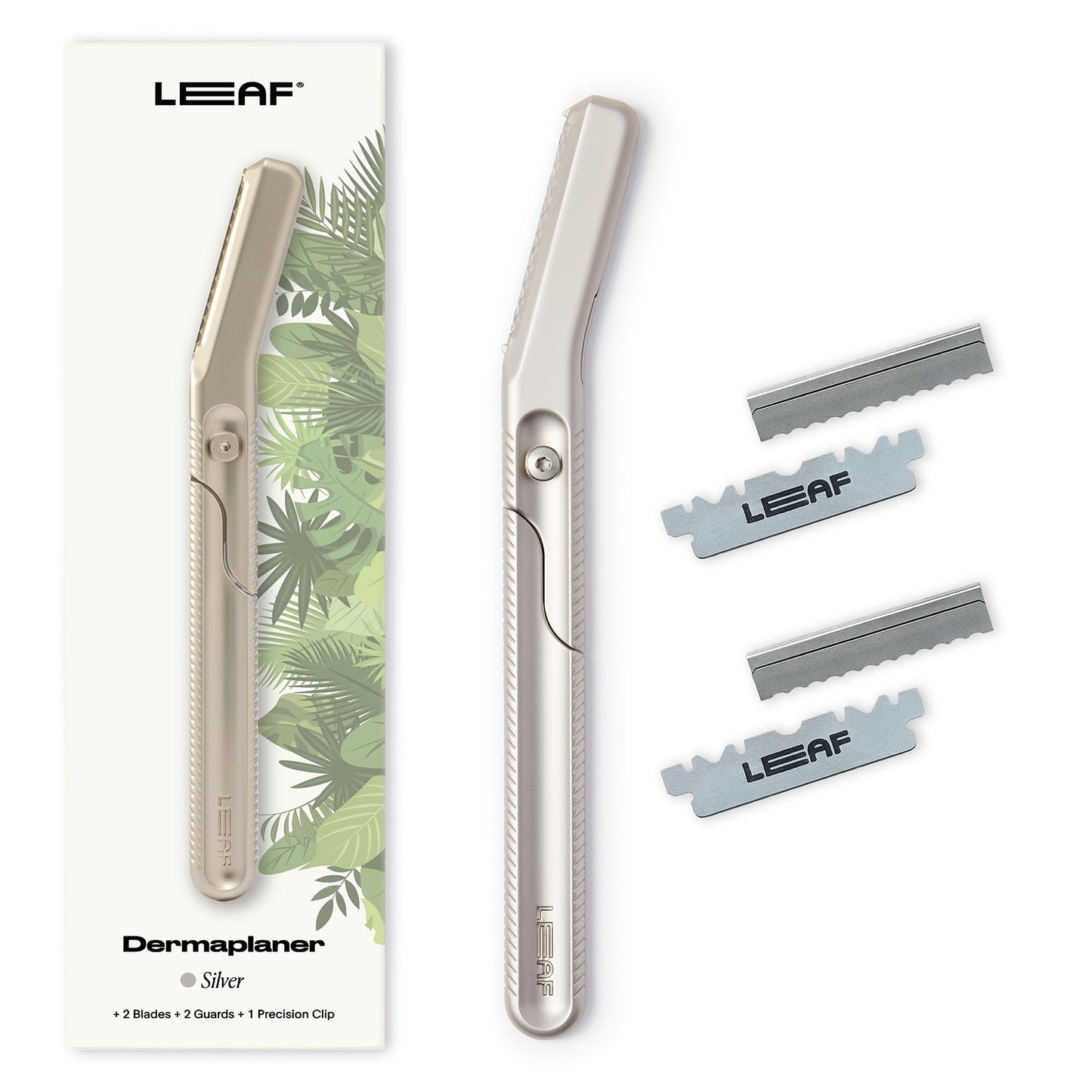 Leaf Shave | Leaf Dermaplaner, All-Metal Reusable Dermaplane Razor and Exfoliating Tool for Women, Includes Precision Clip and Two Refills - Silver