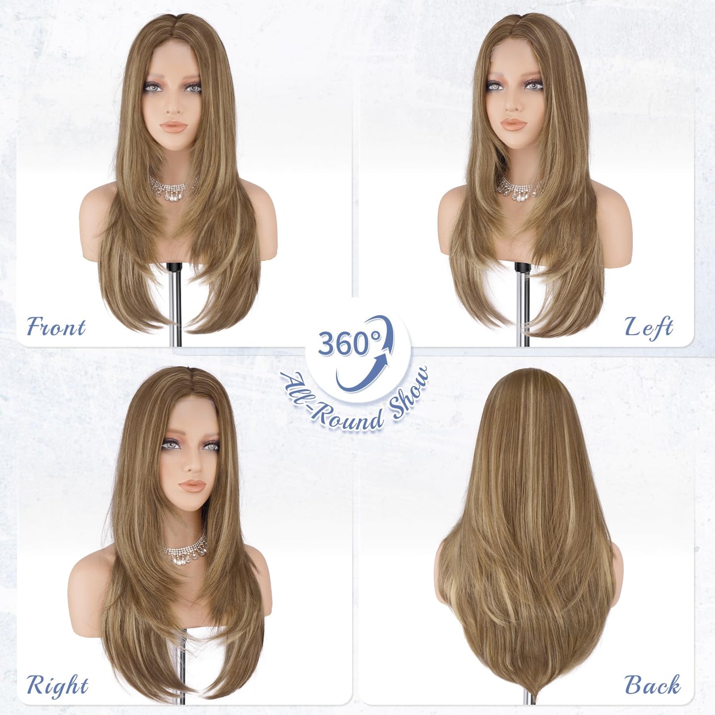 Haloo Brown Blonde Wig with Curtain Bangs - Lace Front Hairline Middle Part Long Layered Natural Looking Straight Synthetic Hair Wigs for Women Daily Party, 24 Inch Brown Mixed Blonde