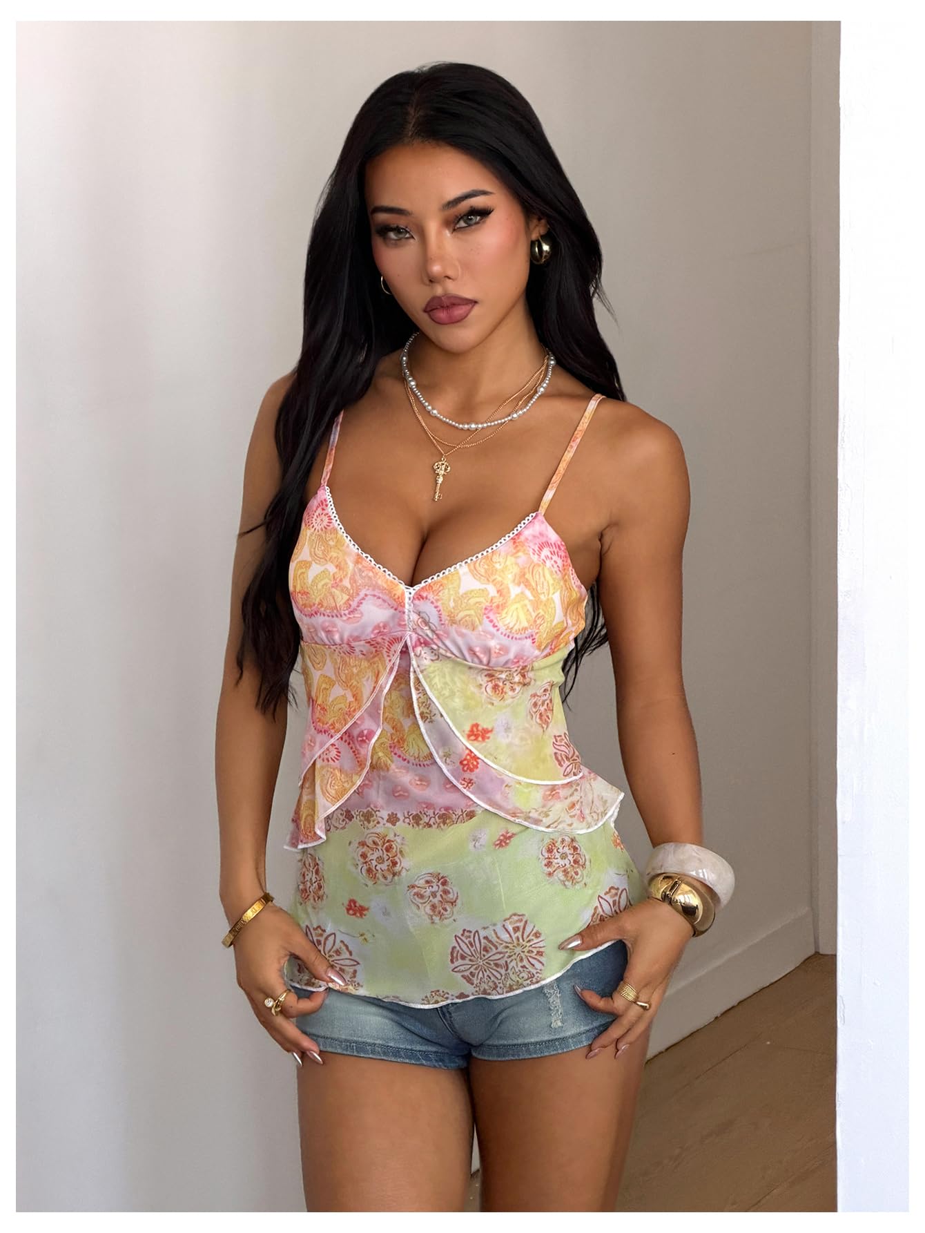 Verdusa Women's Y2k Top Cute Babydoll Tank Tops Floral Mesh Camisole
