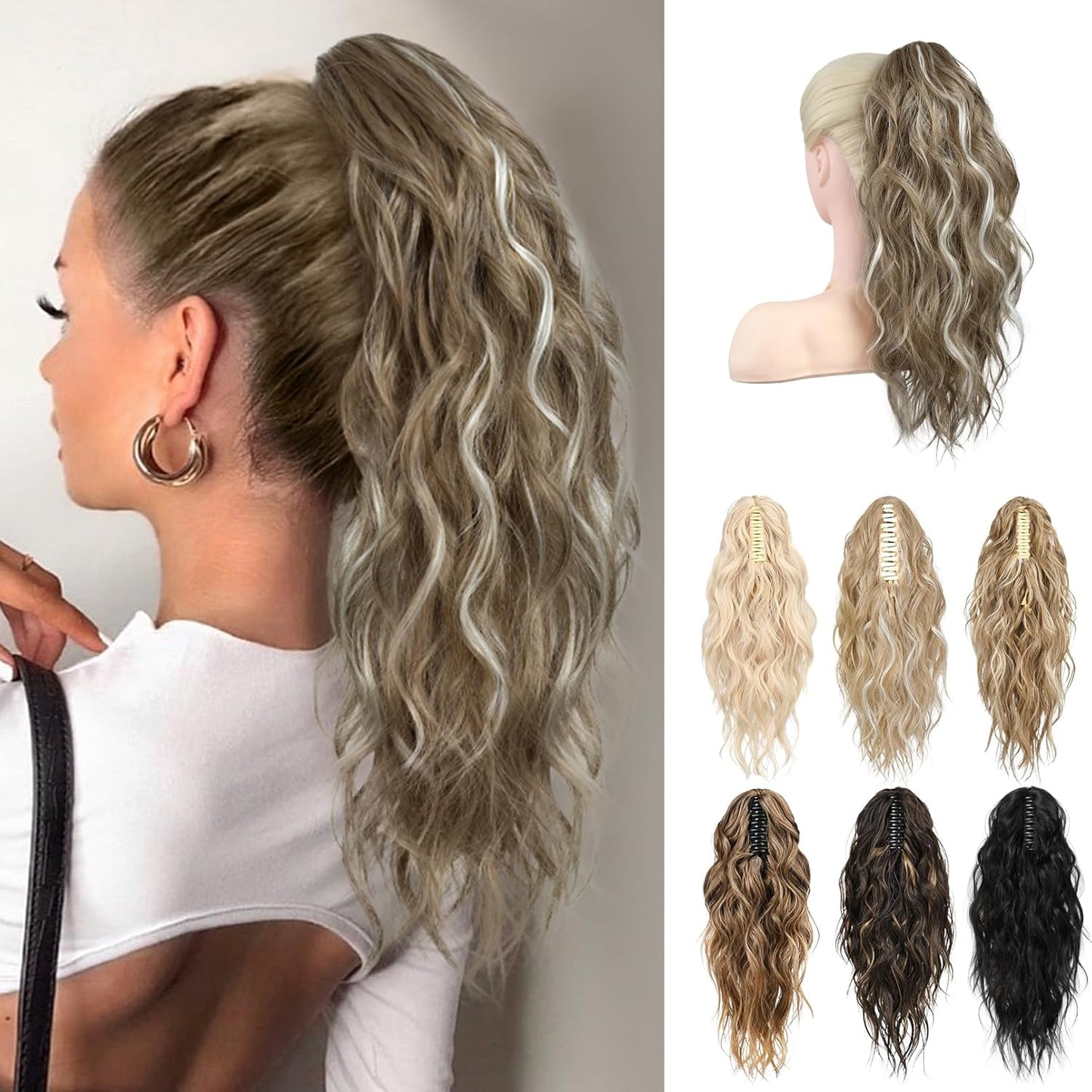 Ponytail Extension - 18" Wavy Claw Clip Hairpiece | Synthetic Curly Ponytail - Black Brown