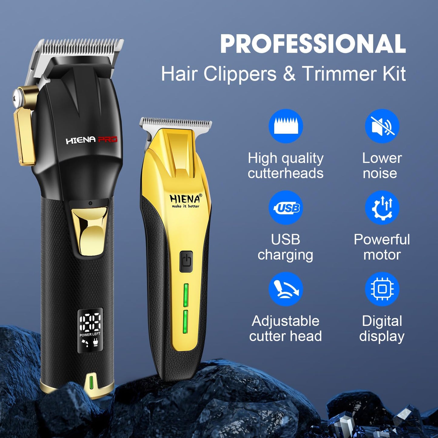 HIENA PRO Professional Barber Kit Hair Clippers Set for Men, Hair Cutting Set, Rechargeable Cordless Clippers and Trimmers Set, Hair Cutting Kit with LED Display, USB Charging, Gifts for Men