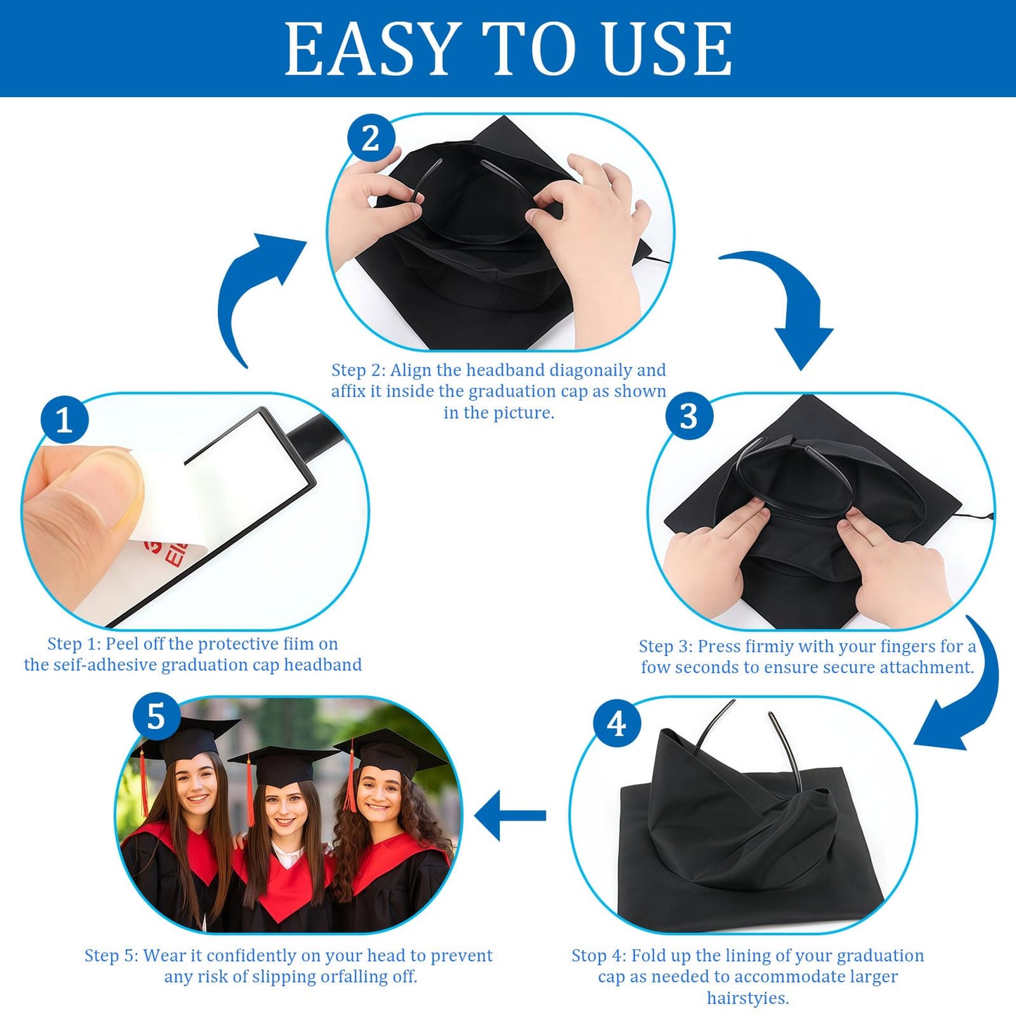 HIFANMM 1 Pack Graduation Cap Headband, Secures Your Grad Cap and Hair Style, Upgrade Grad Hat Headband, Graduation Supplies Non Slip Head Band