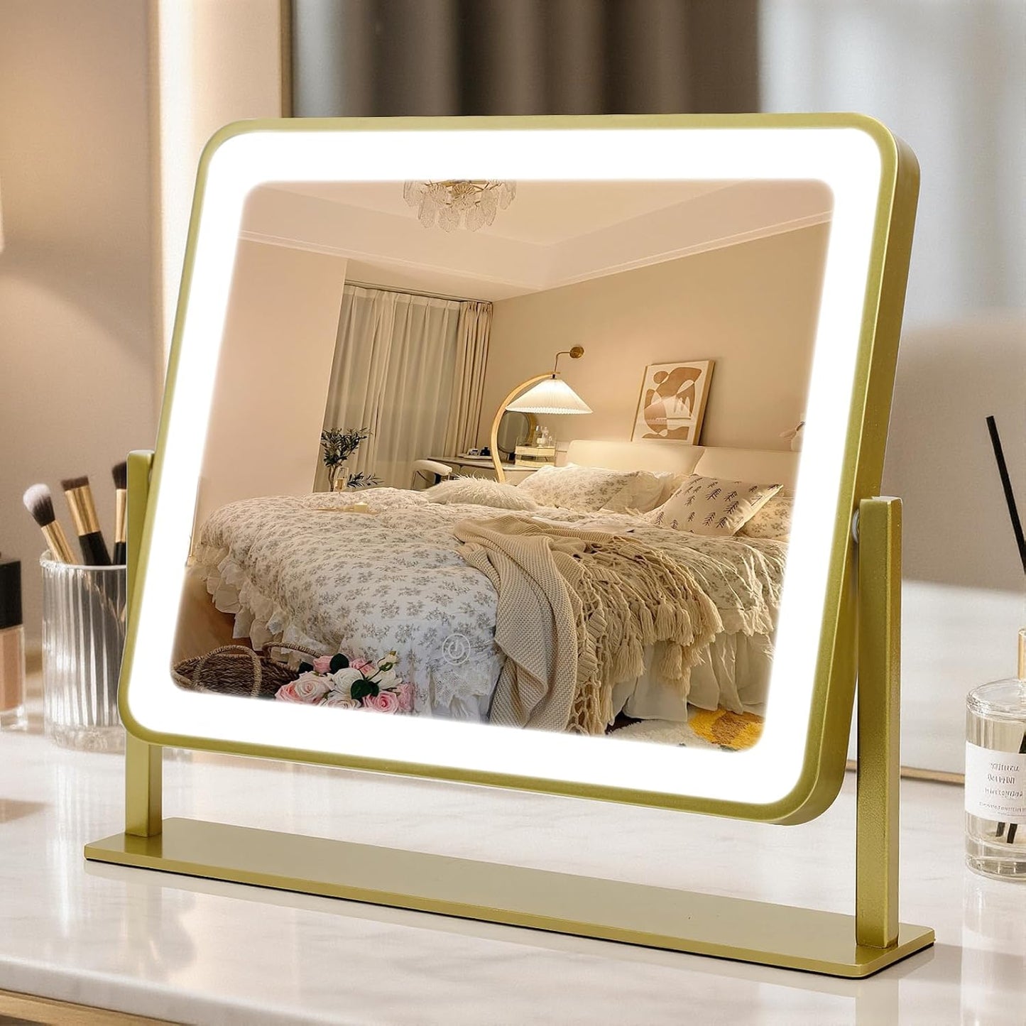 LED Makeup Mirror with Lights - 15" x 12.2" Dimmable Vanity Mirror with Smart Touch & 3-Color Lighting | 360° Rotation, White