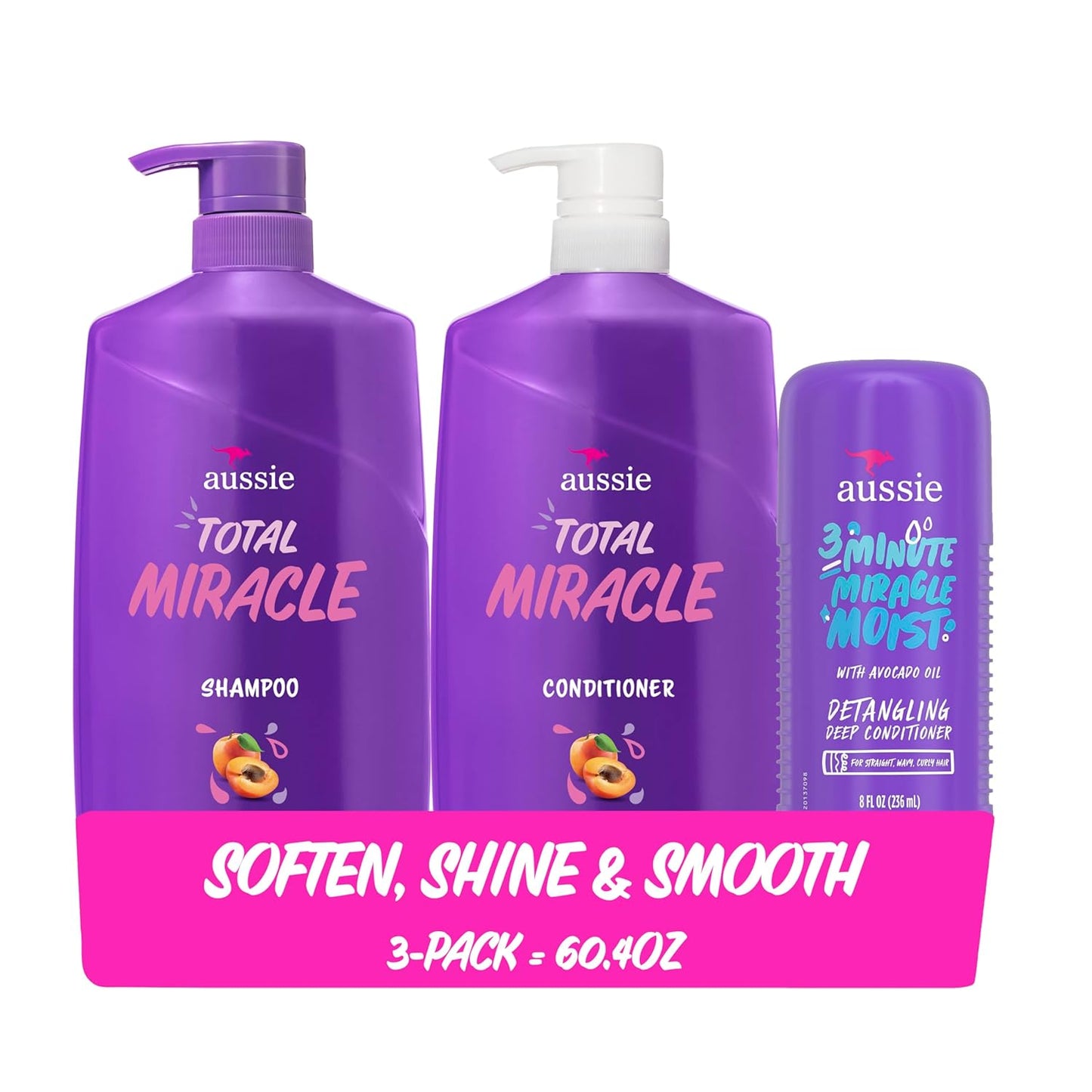 Aussie Total Miracle Hair Care Bundle | Shampoo & Conditioner with Apricot & Macadamia Oil - Paraben-Free, 26.2 & 8 Fl Oz