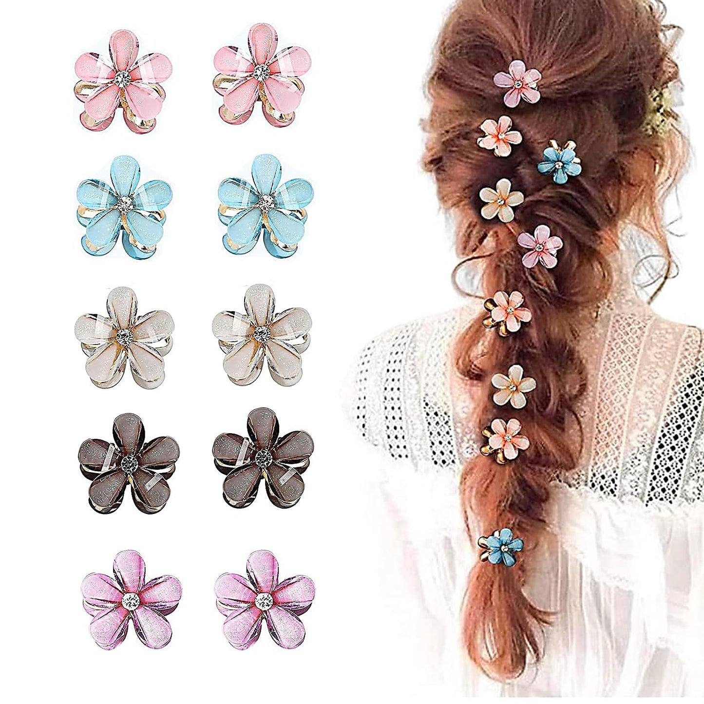 10 Pcs Small Crystal Flower Hair Claw Clips, 0.8" Mini Metal Bangs Pins for Thick Curly Hair Accessories for Women & Girls